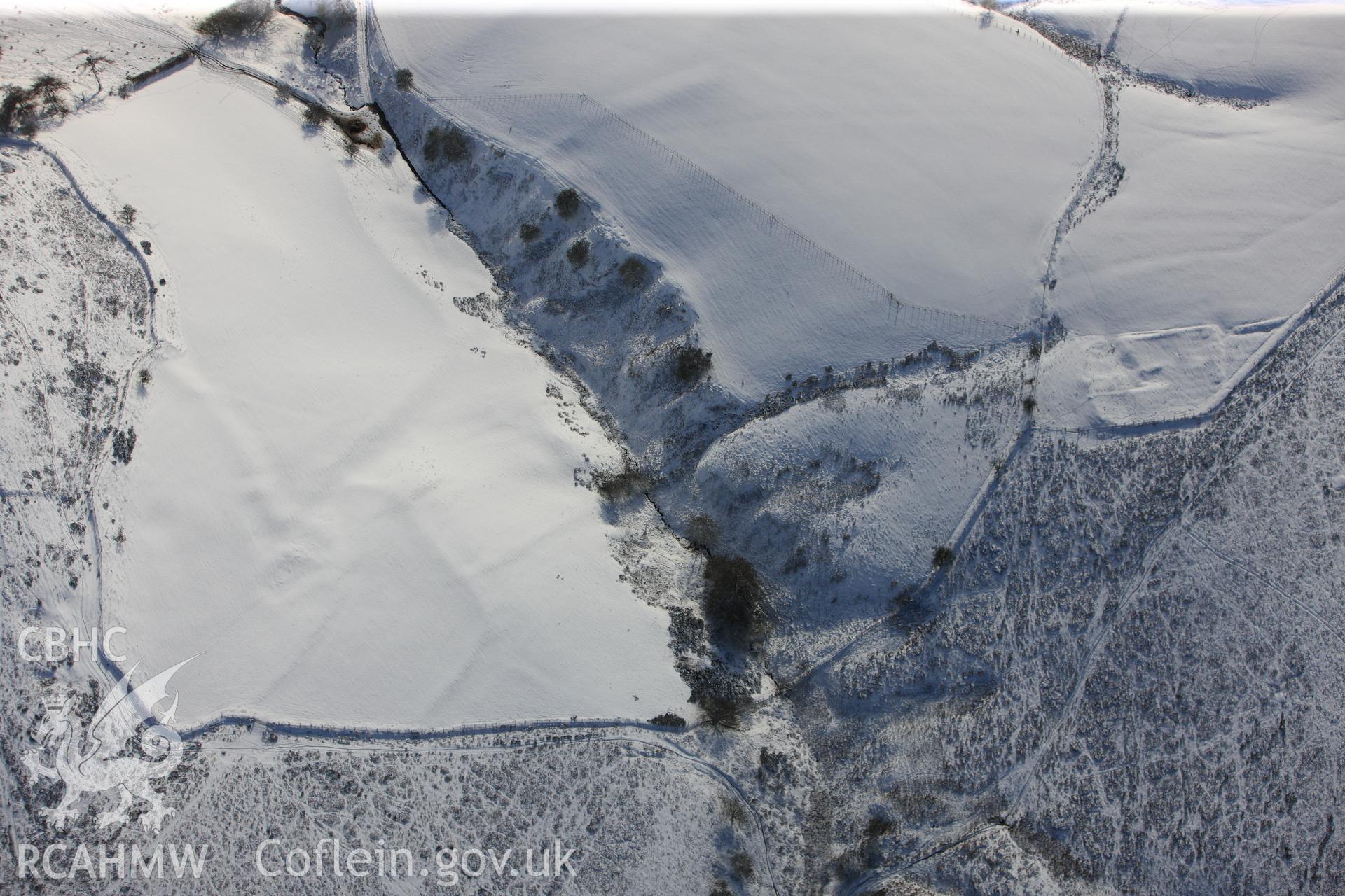 Cwm-Twrch Medieval platform settlement and deserted rural settlement, Glascwm. Oblique aerial photograph taken during the Royal Commission?s programme of archaeological aerial reconnaissance by Toby Driver on 15th January 2013.