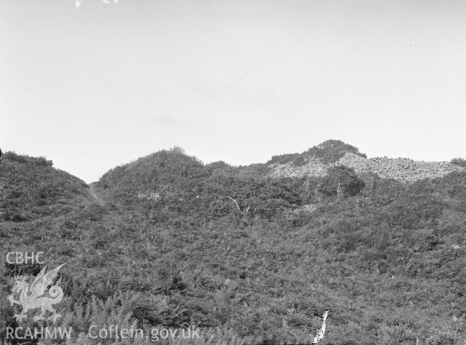 Digital copy of a nitrate negative showing Craig y Dinas Camp.