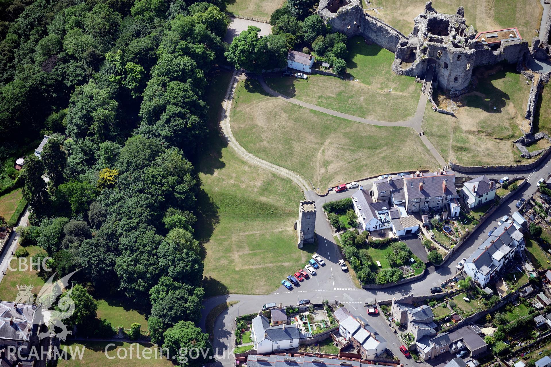 Royal Commission aerial photography of Denbigh Castle with extensive parchmarks taken on 19th July 2018 during the 2018 drought.