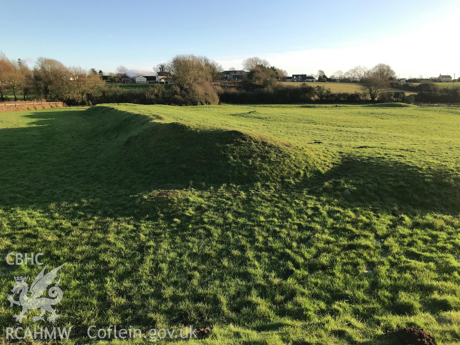 Digital colour photograph showing Caer Leb, Brynsiencyn enclosed settlement, Llanidan, taken by Paul Davis on 3rd December 2019.