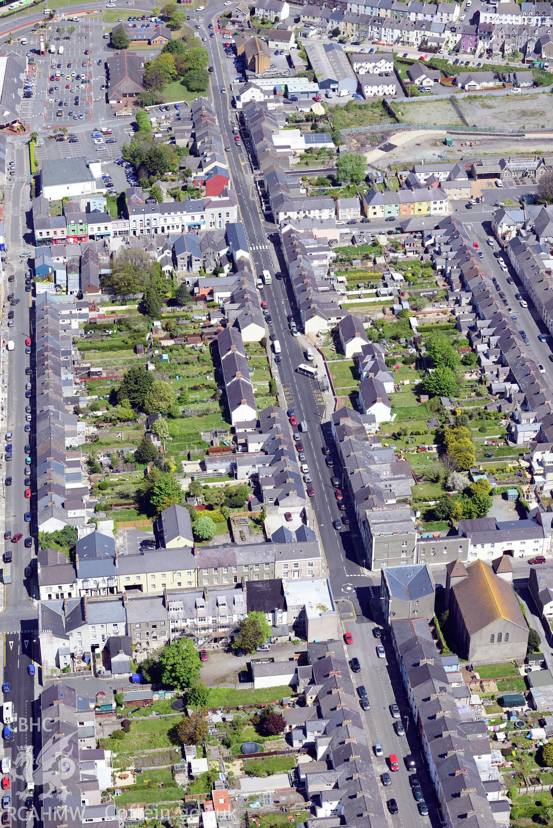 The back of St. Andrew's English Presbyterian Chapel, Pembroke Dock. Oblique aerial photograph taken during the Royal Commission's programme of archaeological aerial reconnaissance by Toby Driver on 13th May 2015.