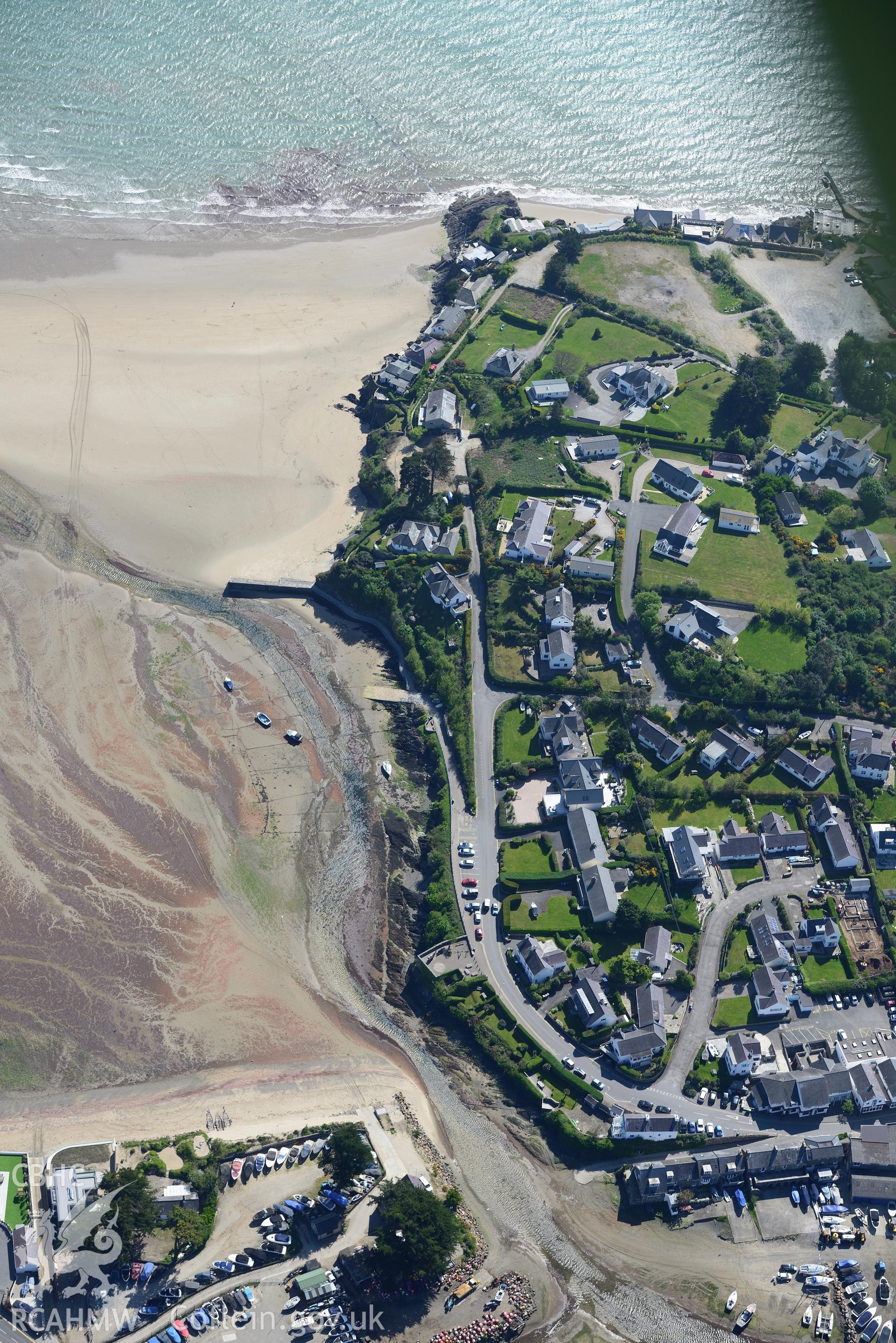 Aerial photography of Abersoch taken on 3rd May 2017.  Baseline aerial reconnaissance survey for the CHERISH Project. ? Crown: CHERISH PROJECT 2017. Produced with EU funds through the Ireland Wales Co-operation Programme 2014-2020. All material made free