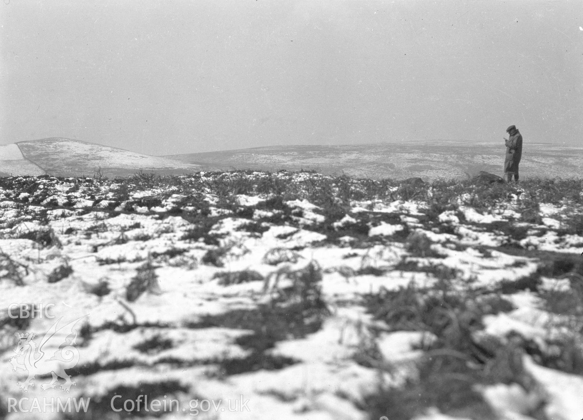 Digital copy of nitrate negative showing Capel Hiraethog cairn. From the Cadw Monuments in Care Collection.