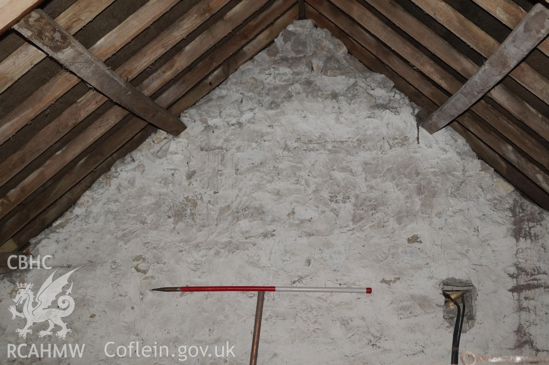 'Internal view looking east northeast at the eastern gable of barn' at Rowley Court, Llantwit Major. Photograph & description by Jenny Hall & Paul Sambrook of Trysor, 25th May 2017.