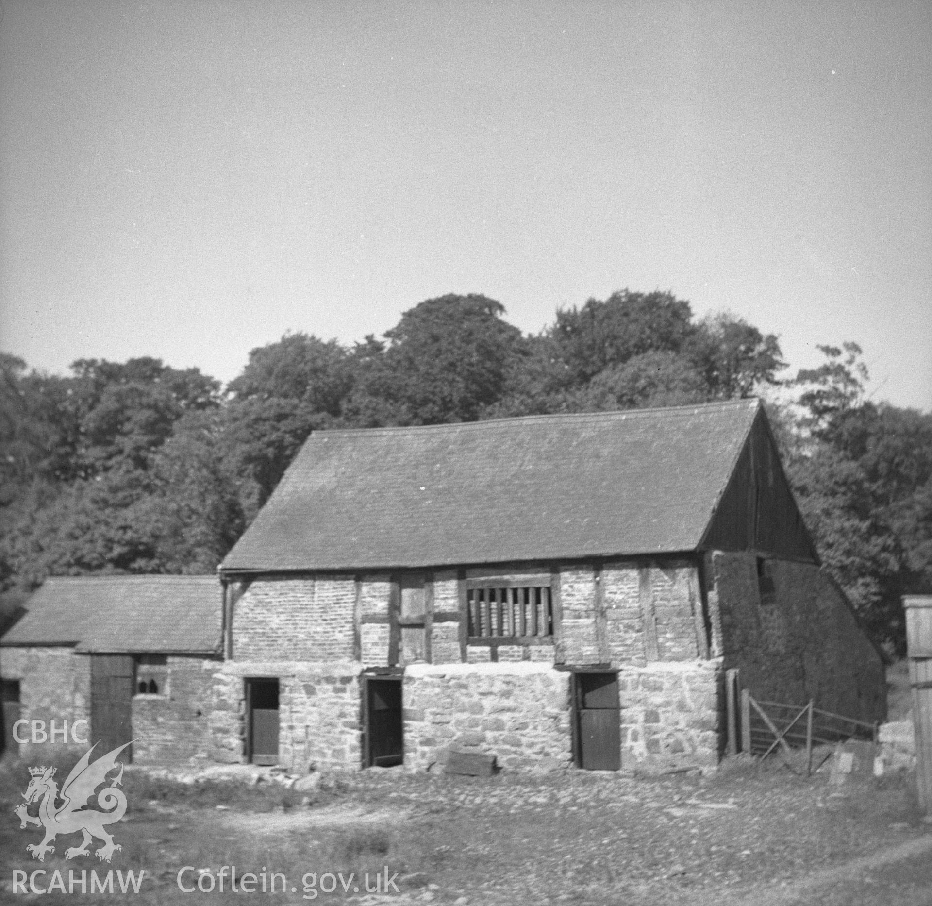 Digital copy of a nitrate negative showing exterior view of outbuilding at Nercwys Hall.