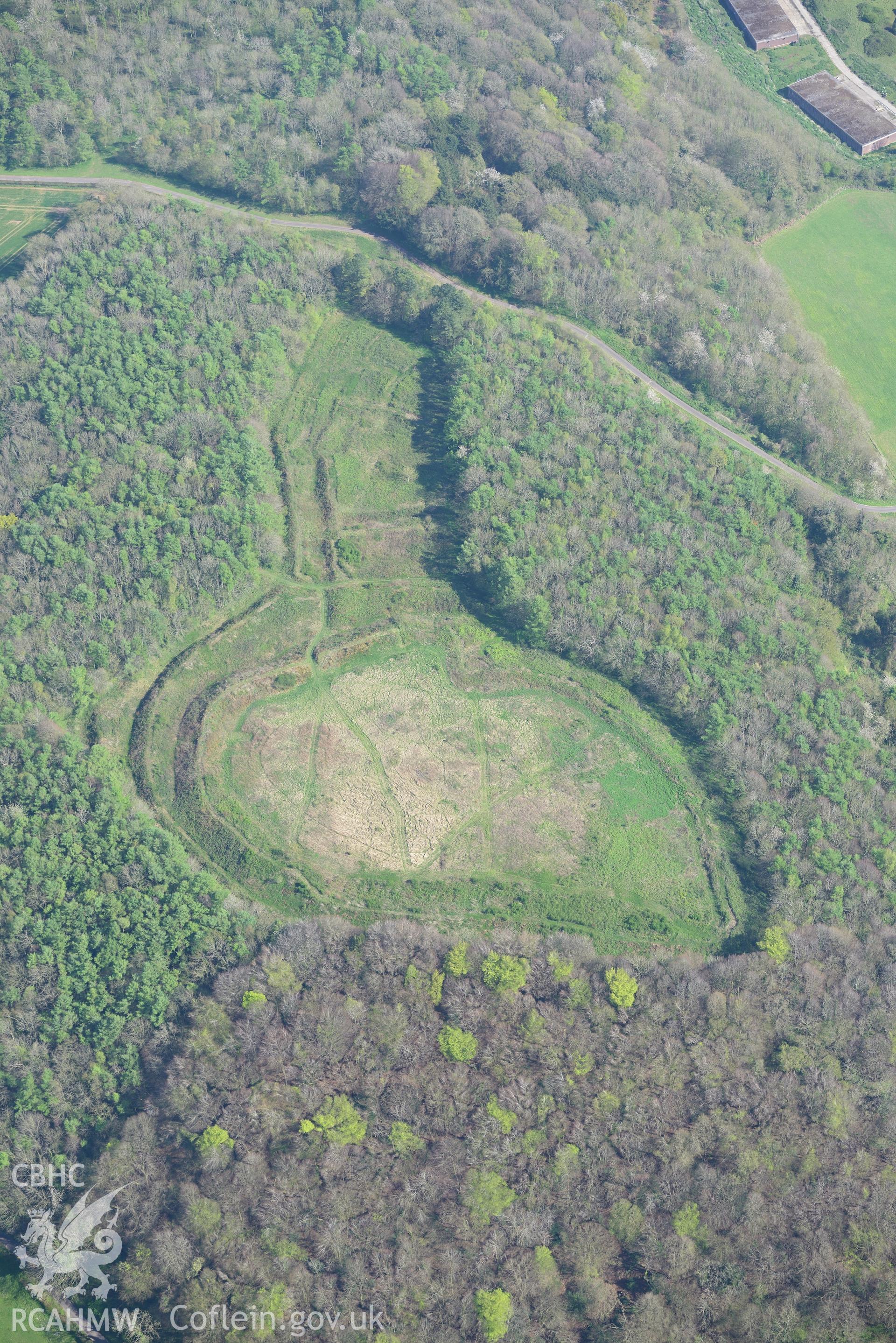 Llanmelin Wood Hillfort. Oblique aerial photograph taken during the Royal Commission's programme of archaeological aerial reconnaissance by Toby Driver on 21st April 2015