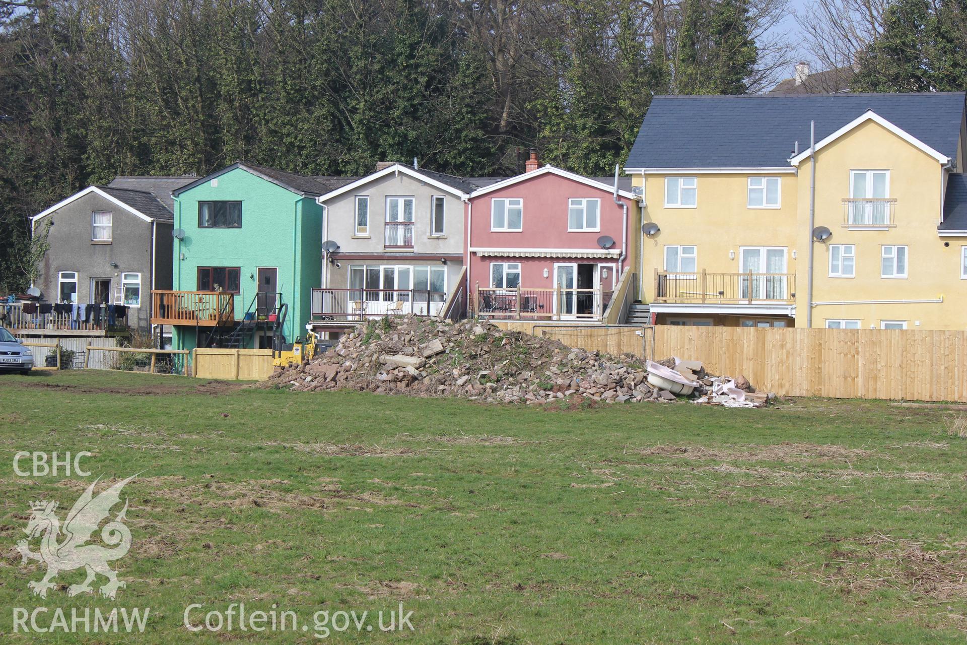 'Building west dump near houses in north-west (looking north). Photographed on site visit for archaeological desk based assessment of the proposed Eisteddfod Site at Castle Meadows and Llanfoist, Abergavenny, carried out by Archaeology Wales, 2014.