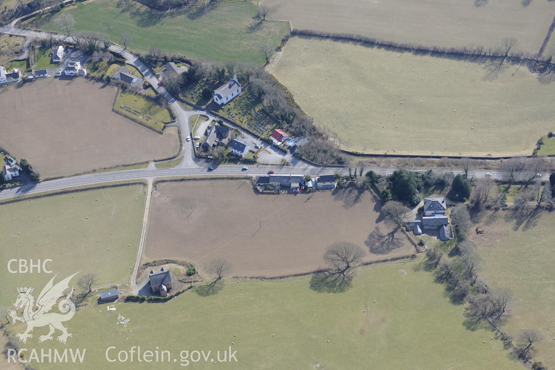 The village of Capel Bangor, east of Aberystwyth, with its church dedicated to St. David's. Oblique aerial photograph taken during the Royal Commission's programme of archaeological aerial reconnaissance by Toby Driver on 2nd April 2013.