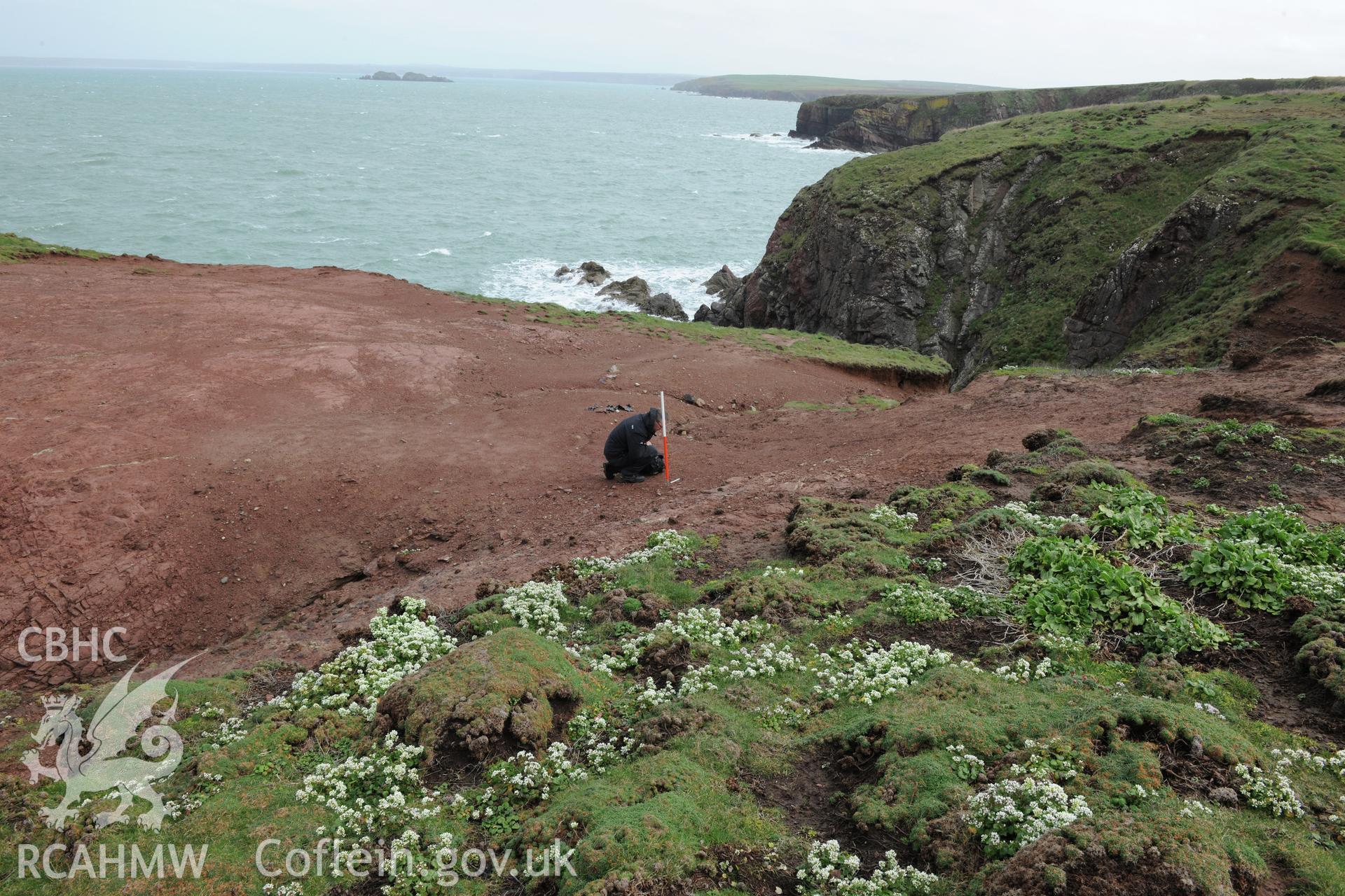 The Nab Head, Site I. General view from south-west showing location of stone bead find. Investigator?s photographic survey for the CHERISH Project. ? Crown: CHERISH PROJECT 2017. Produced with EU funds through the Ireland Wales Co-operation Programme 2014-2020. All material made freely available through the Open Government Licence.