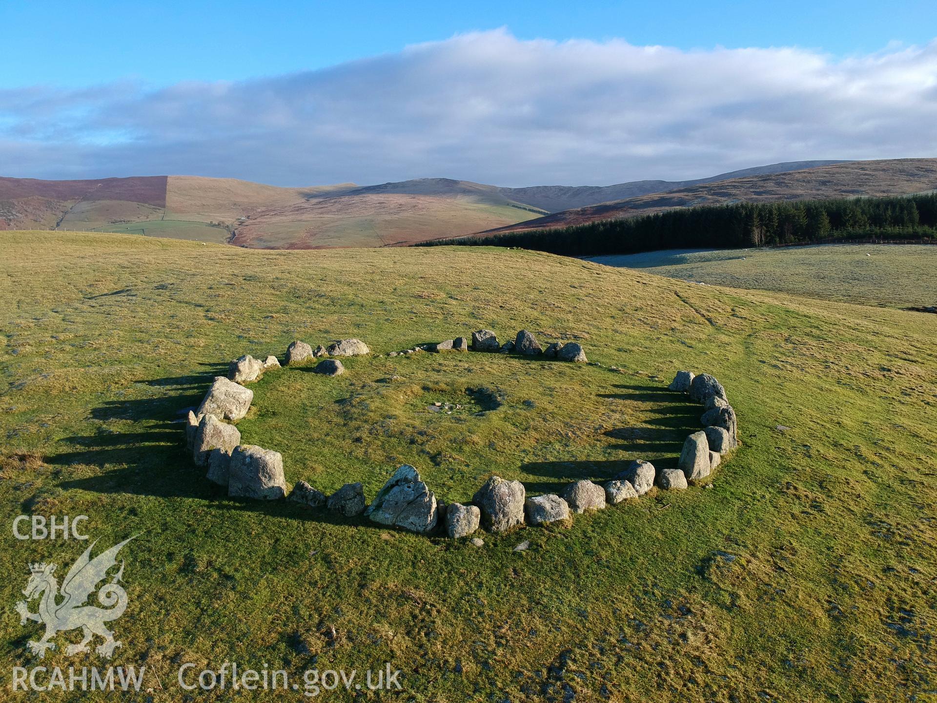 Aerial view from the east of Moel Ty-Uchaf kerb circle, Llandrillo. Colour photograph taken by Paul R. Davis on 2nd January 2019.