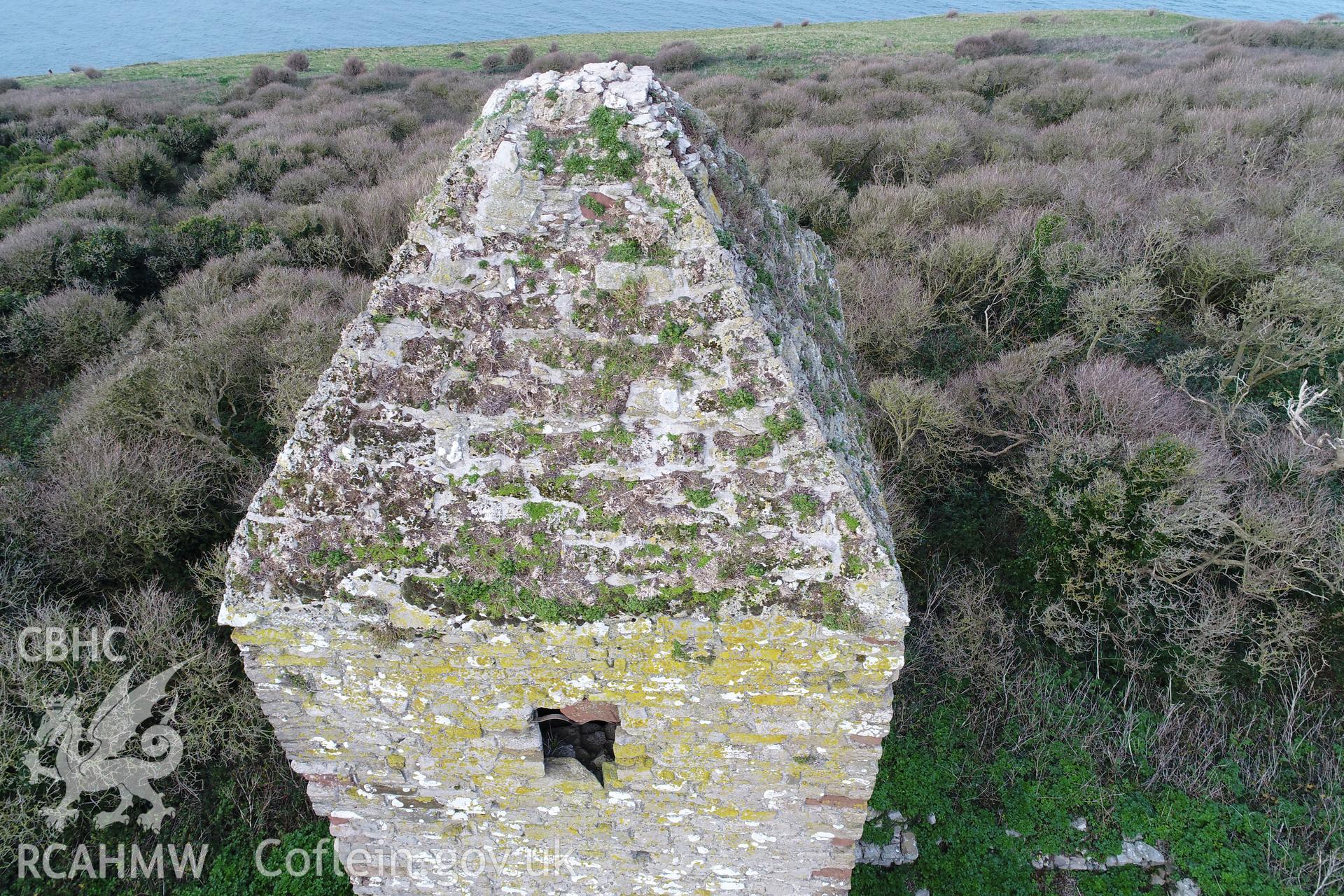 Investigator's drone/UAV survey of the church and monastic settlement on Puffin Island or Ynys Seiriol for the CHERISH Project. ? Crown: CHERISH PROJECT 2018. Produced with EU funds through the Ireland Wales Co-operation Programme 2014-2020. All material made freely available through the Open Government Licence.