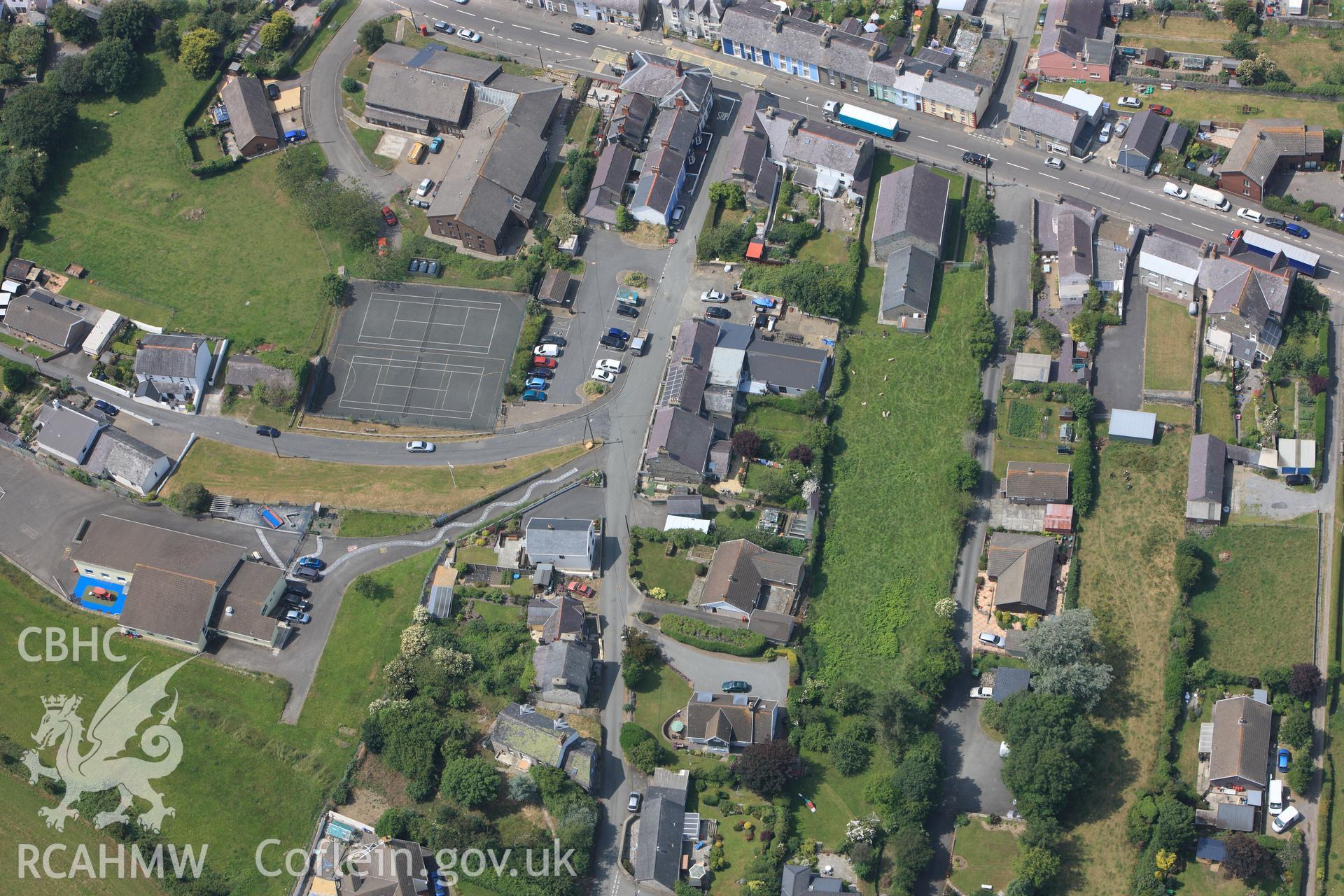 Seilo Welsh Independent Chapel in the village of Llanon. Oblique aerial photograph taken during the Royal Commission?s programme of archaeological aerial reconnaissance by Toby Driver on  12th July 2013.