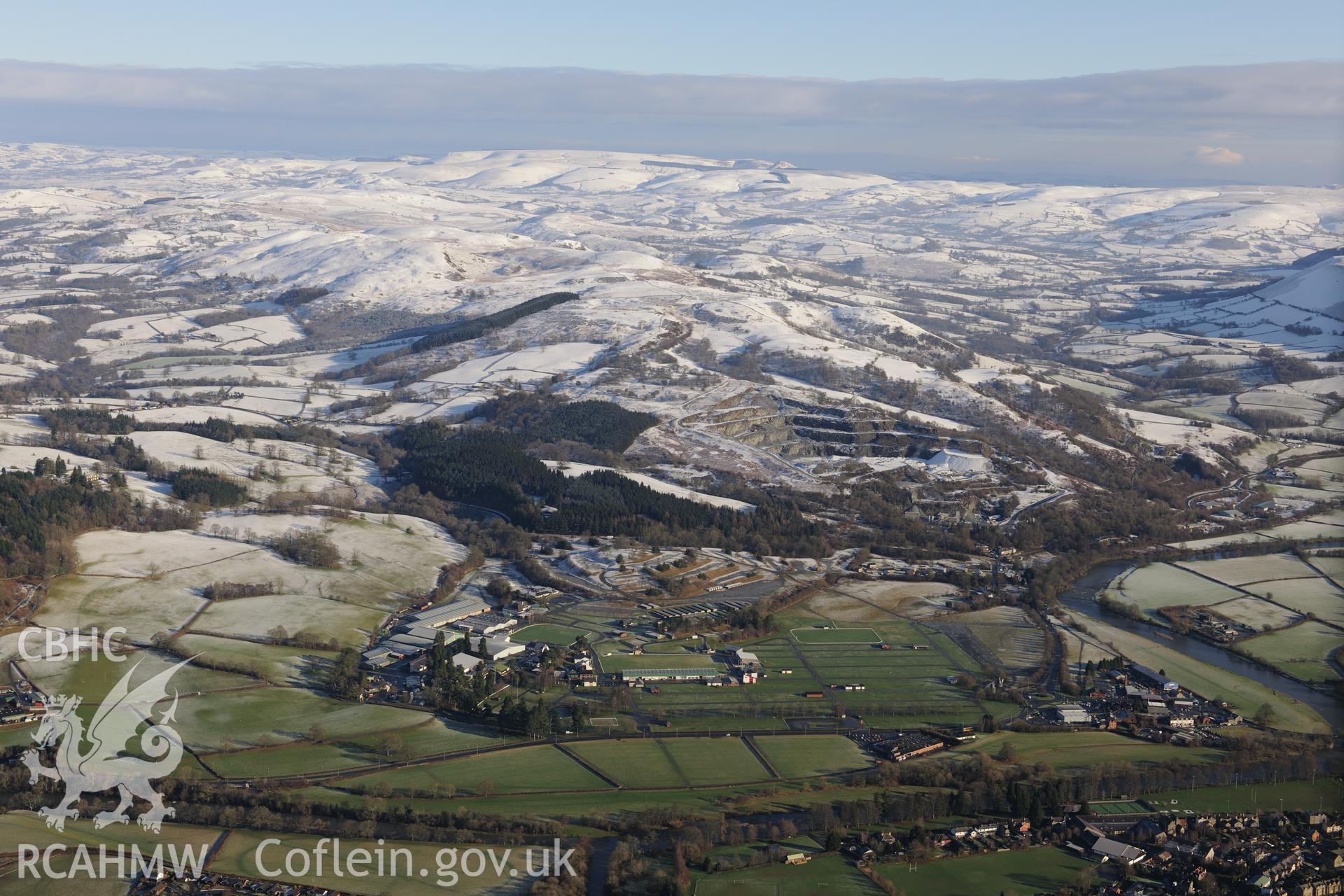 The Royal Welsh showground, Llanelwedd. Oblique aerial photograph taken during the Royal Commission?s programme of archaeological aerial reconnaissance by Toby Driver on 15th January 2013.