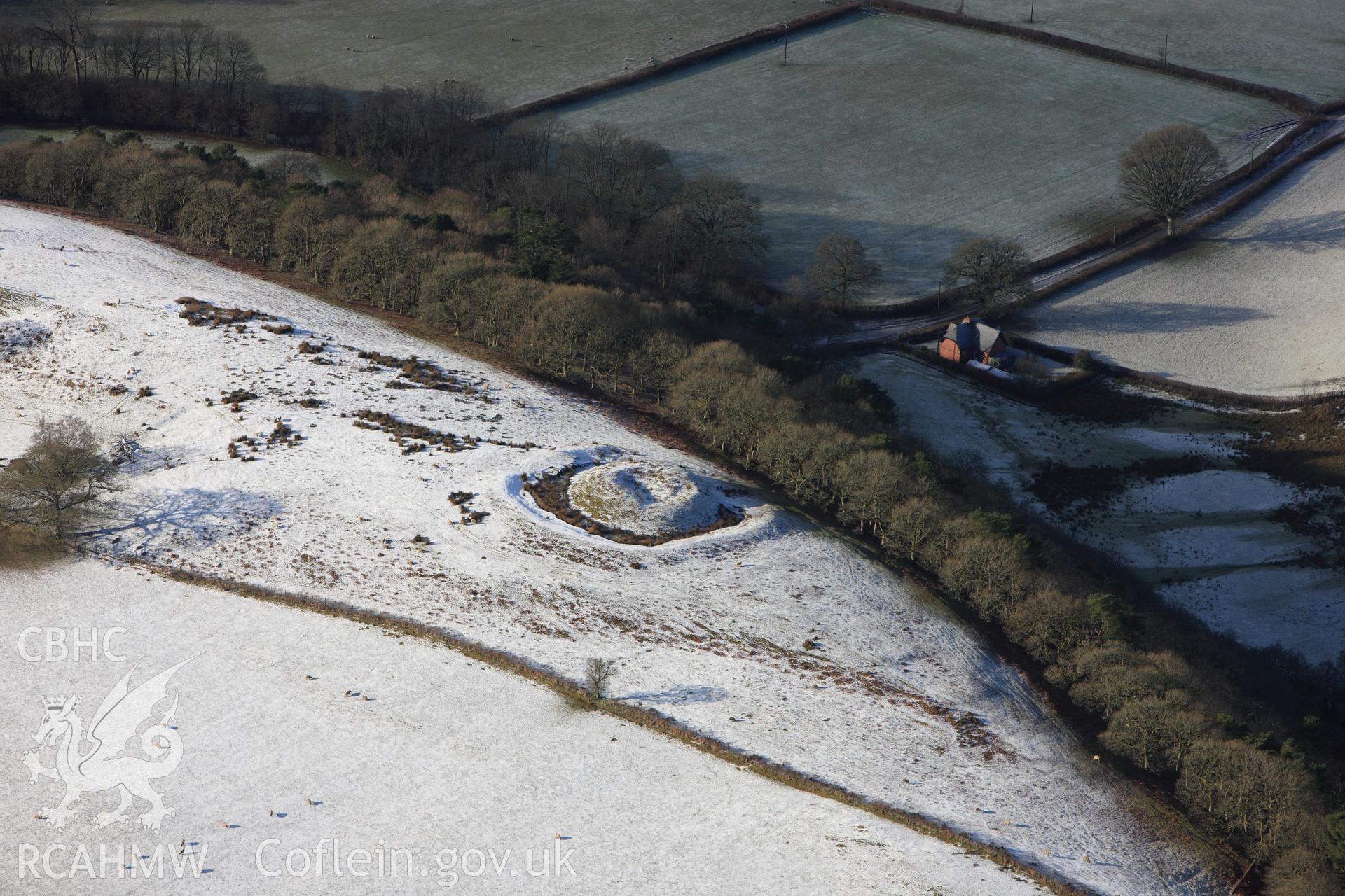 Fforest Castle and a house platform at Twdin Motte, north of Beulah, west of Builth Wells. Oblique aerial photograph taken during the Royal Commission?s programme of archaeological aerial reconnaissance by Toby Driver on 15th January 2013.