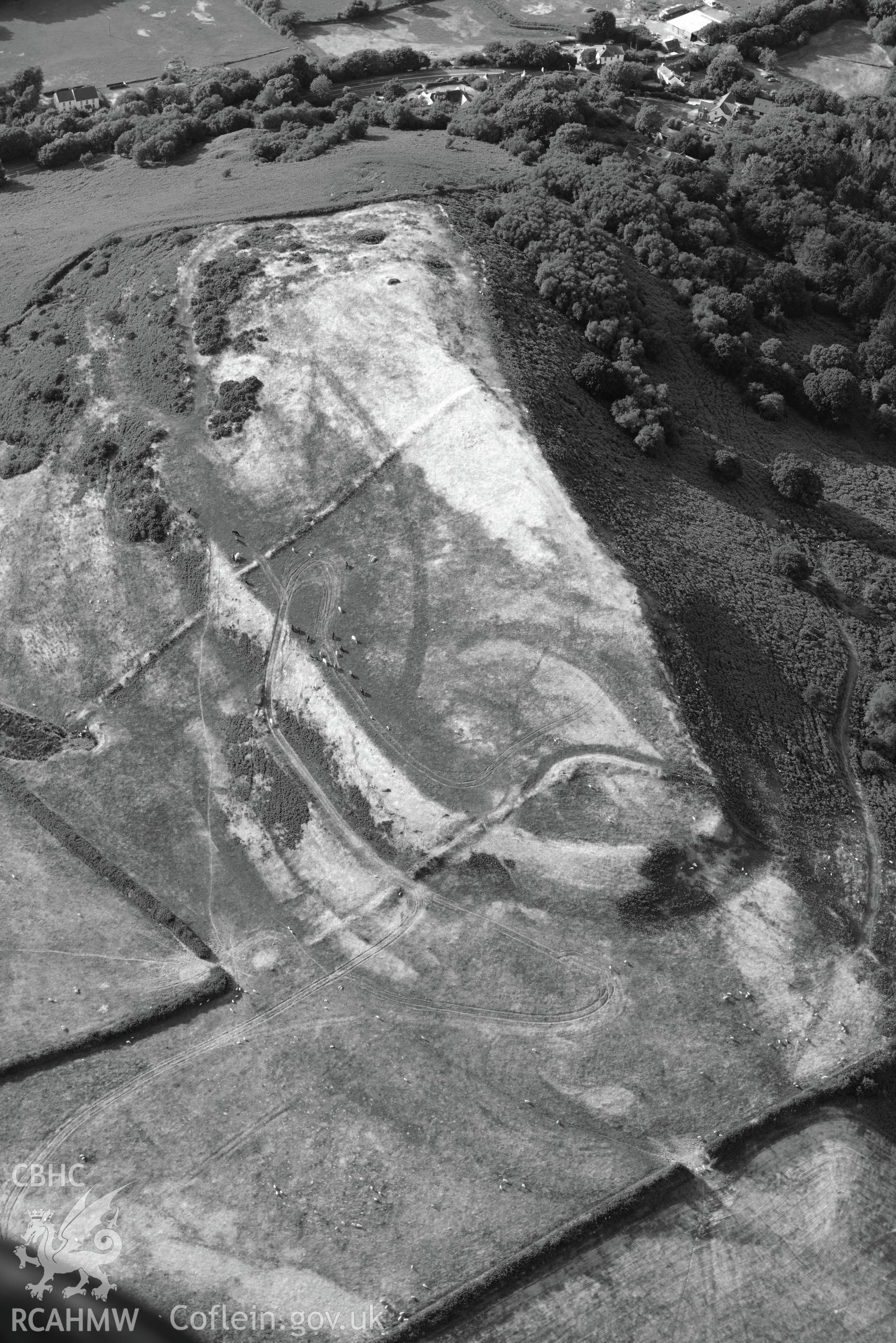 Royal Commission aerial photography of Cil Ifor top hillfort with extensive parching, and new archaeological detail, taken on 17th July 2018 during the 2018 drought.