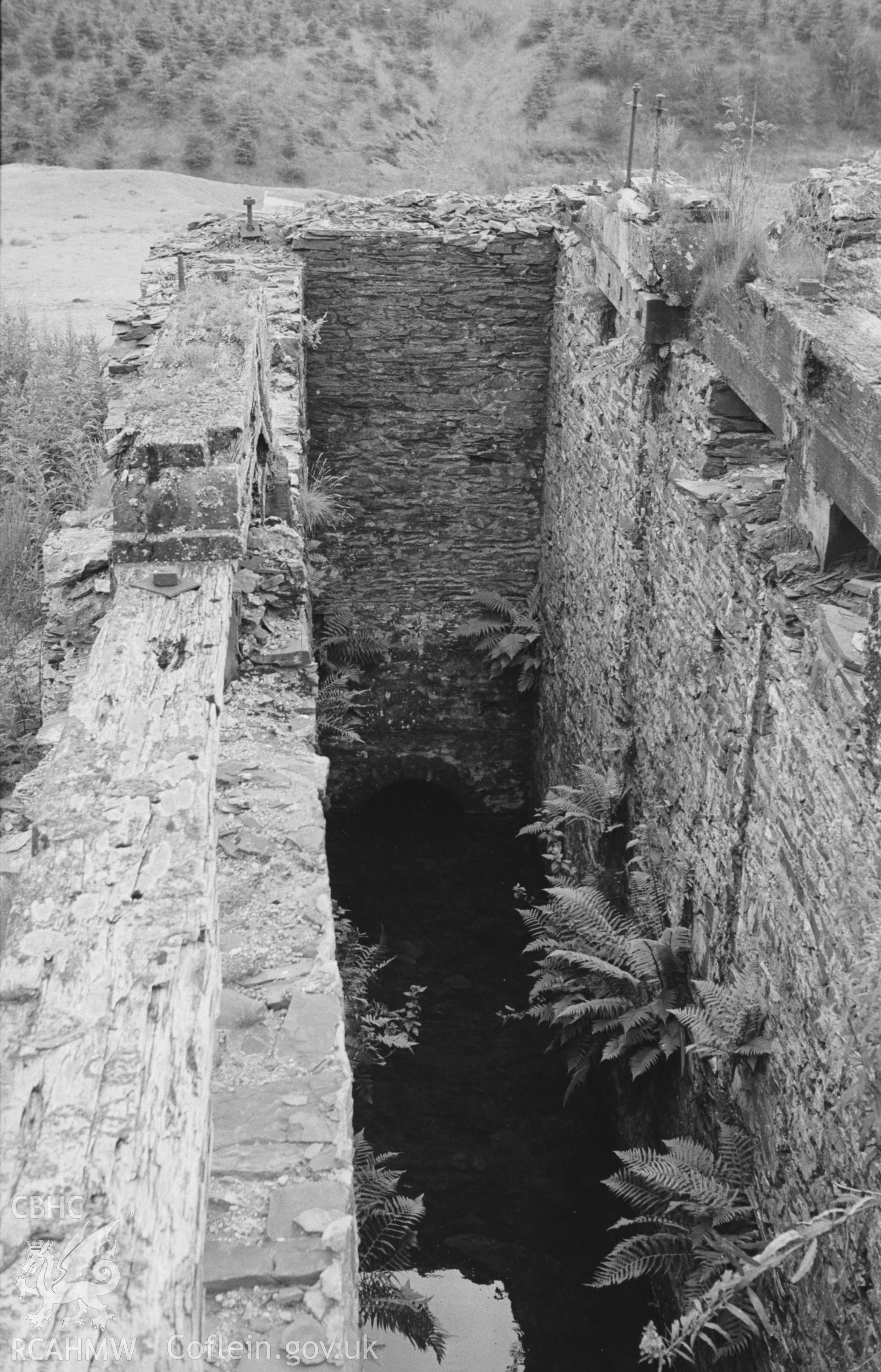 Digital copy of a black and white negative showing the wheel pit at Esgair Fraith lead mine. Arch visible at base of far wall. Photographed by Arthur O. Chater on 22nd August 1967, looking south from Grid Reference SN 740 912.