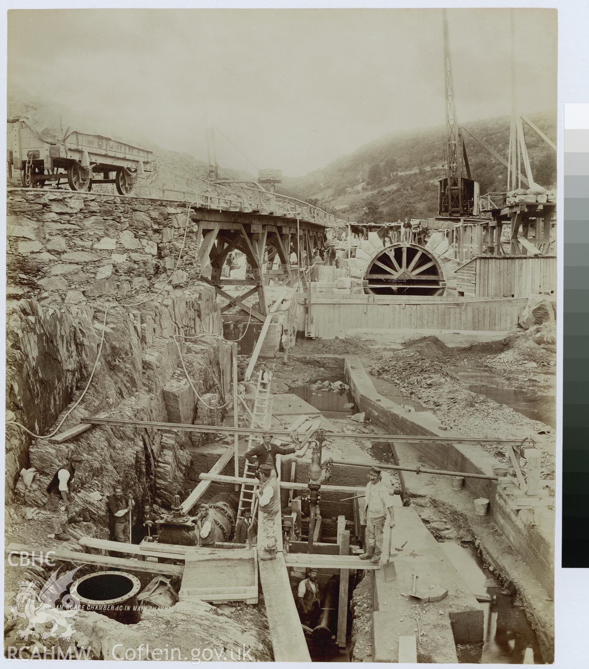 Digital copy of an albumen print from Edward Hubbard Collection showing view of Pen y Garreg gauge chamber and main channel, taken September 1889.