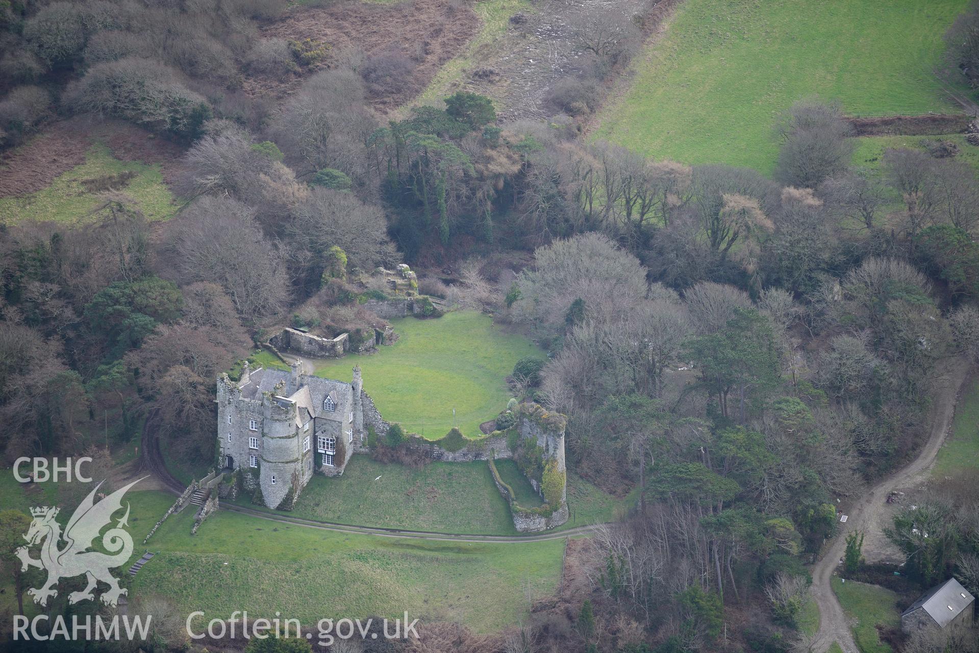 Newport Castle, Newport, Pembrokeshire. Oblique aerial photograph taken during the Royal Commission's programme of archaeological aerial reconnaissance by Toby Driver on 13th March 2015.