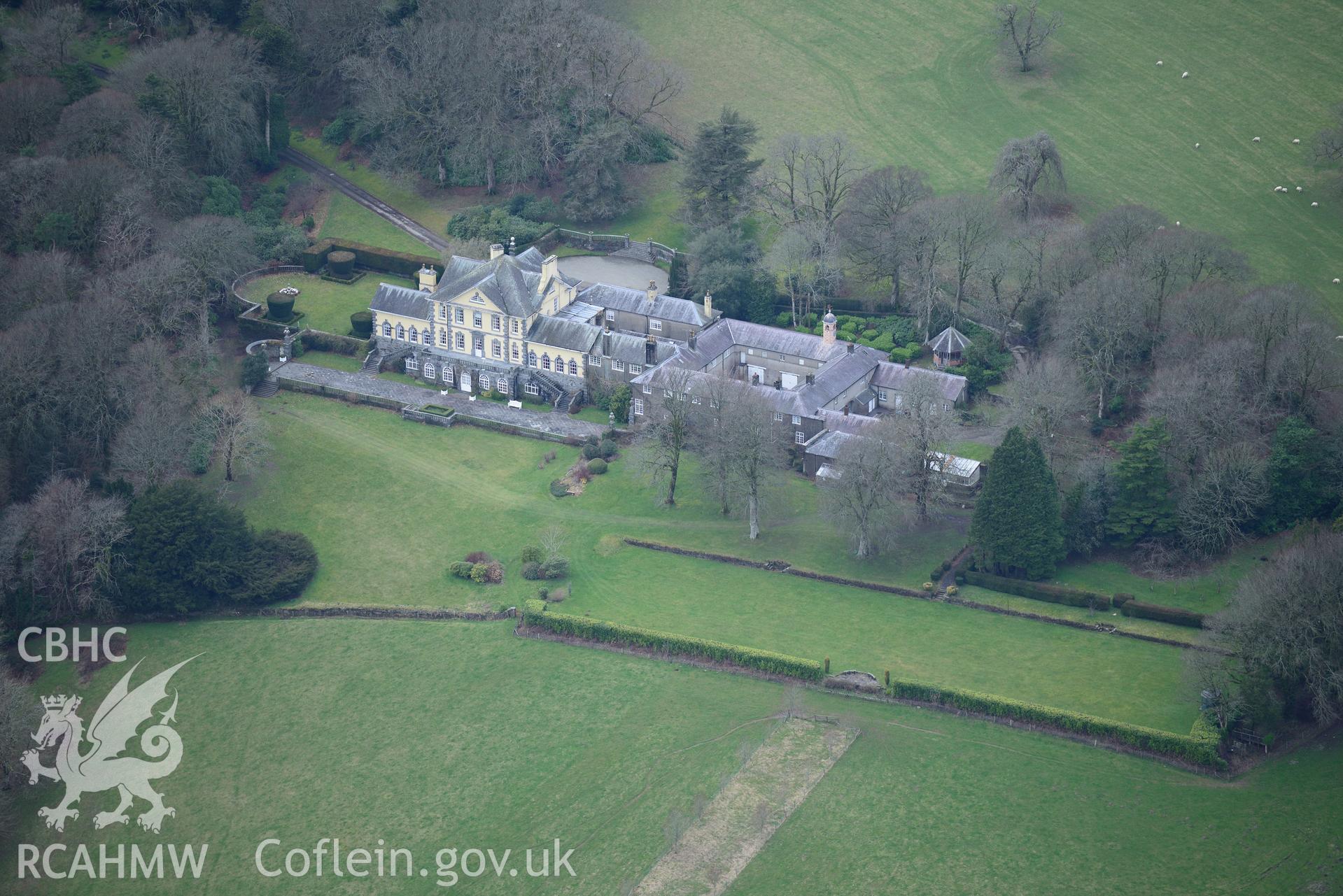 Ffynonau Mansion and the associated stable, kitchen court and garden, Newchapel, near Newcastle Emlyn. Oblique aerial photograph taken during the Royal Commission's programme of archaeological aerial reconnaissance by Toby Driver on 13th March 2015.