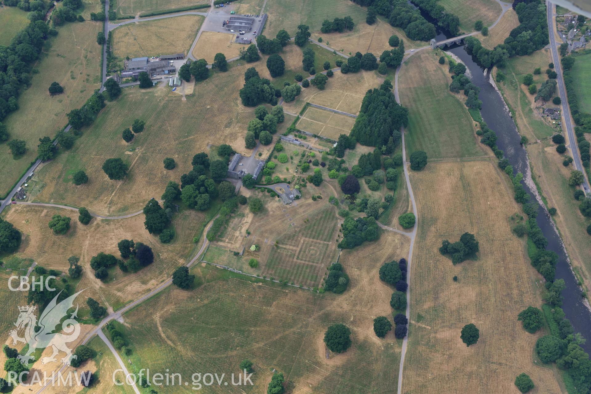 Royal Commission aerial photography of Glanusk Park House and garden taken on 19th July 2018 during the 2018 drought.