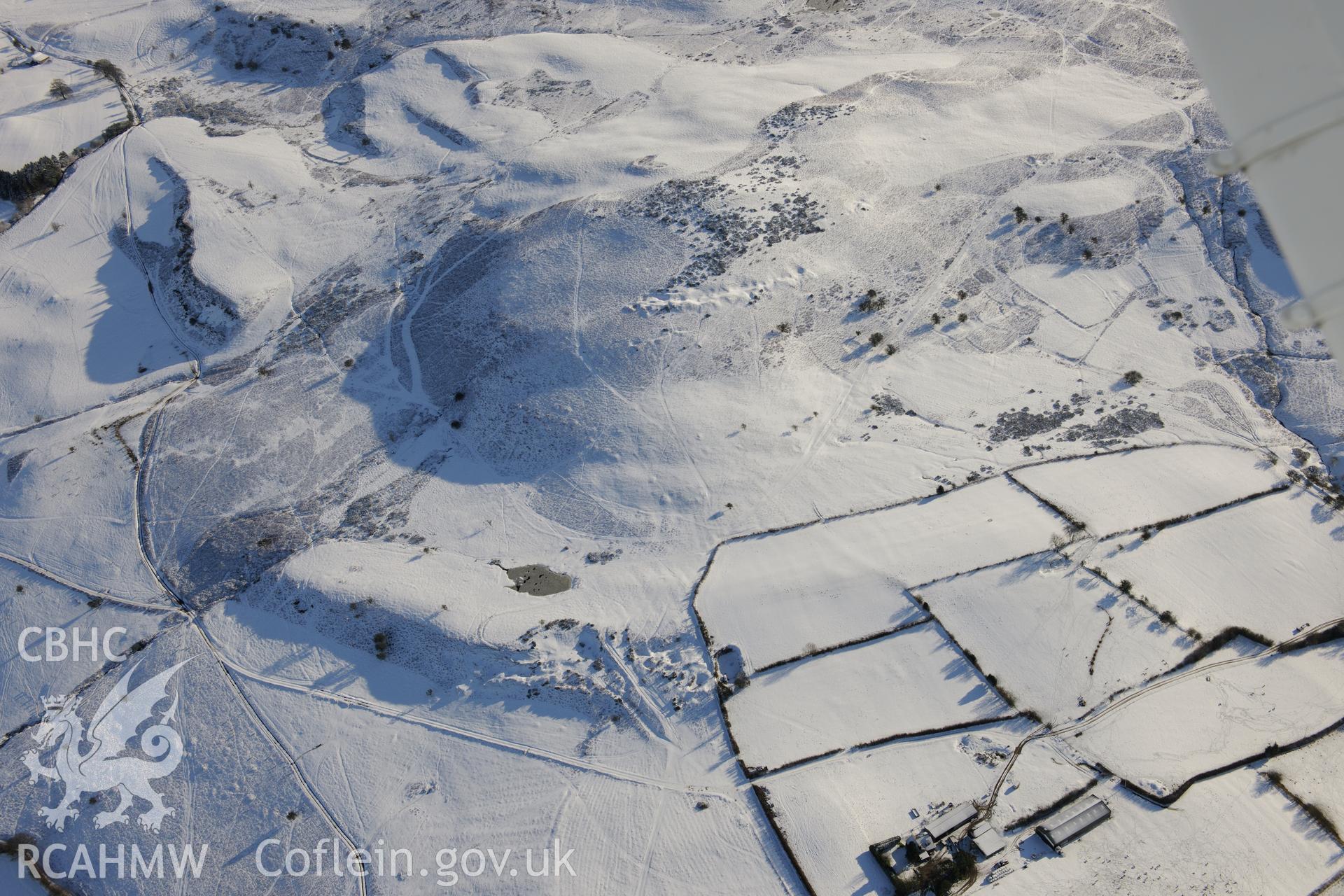 Pentre Jack deserted rural settlement, Painscastle, south east of Builth Wells. Oblique aerial photograph taken during the Royal Commission?s programme of archaeological aerial reconnaissance by Toby Driver on 15th January 2013.