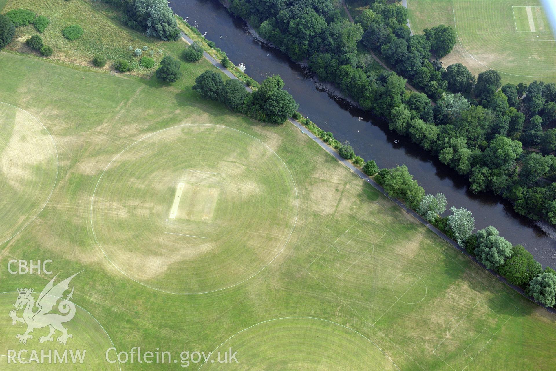 Royal Commission aerial photography of parchmarks in Pontcanna Fields recorded during drought conditions on 22nd July 2013.