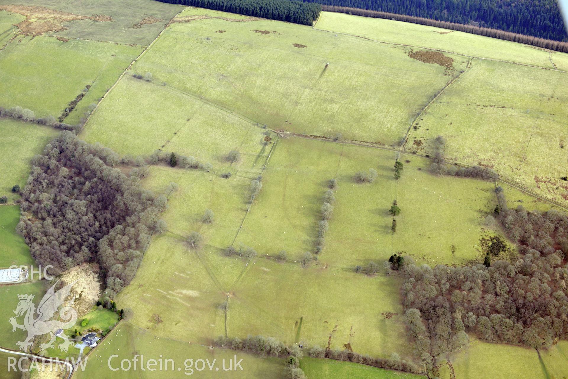 Allt-y-Brunant Roman water tank, Llandre, north west of Llandovery. Oblique aerial photograph taken during the Royal Commission?s programme of archaeological aerial reconnaissance by Toby Driver on 28th February 2013.