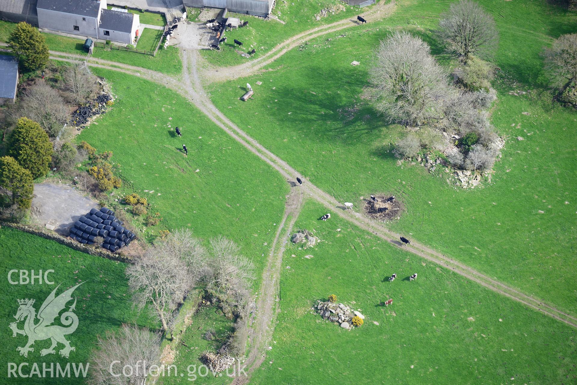 General view of Prysg Farm. Oblique aerial photograph taken during the Royal Commission's programme of archaeological aerial reconnaissance by Toby Driver on 15th April 2015