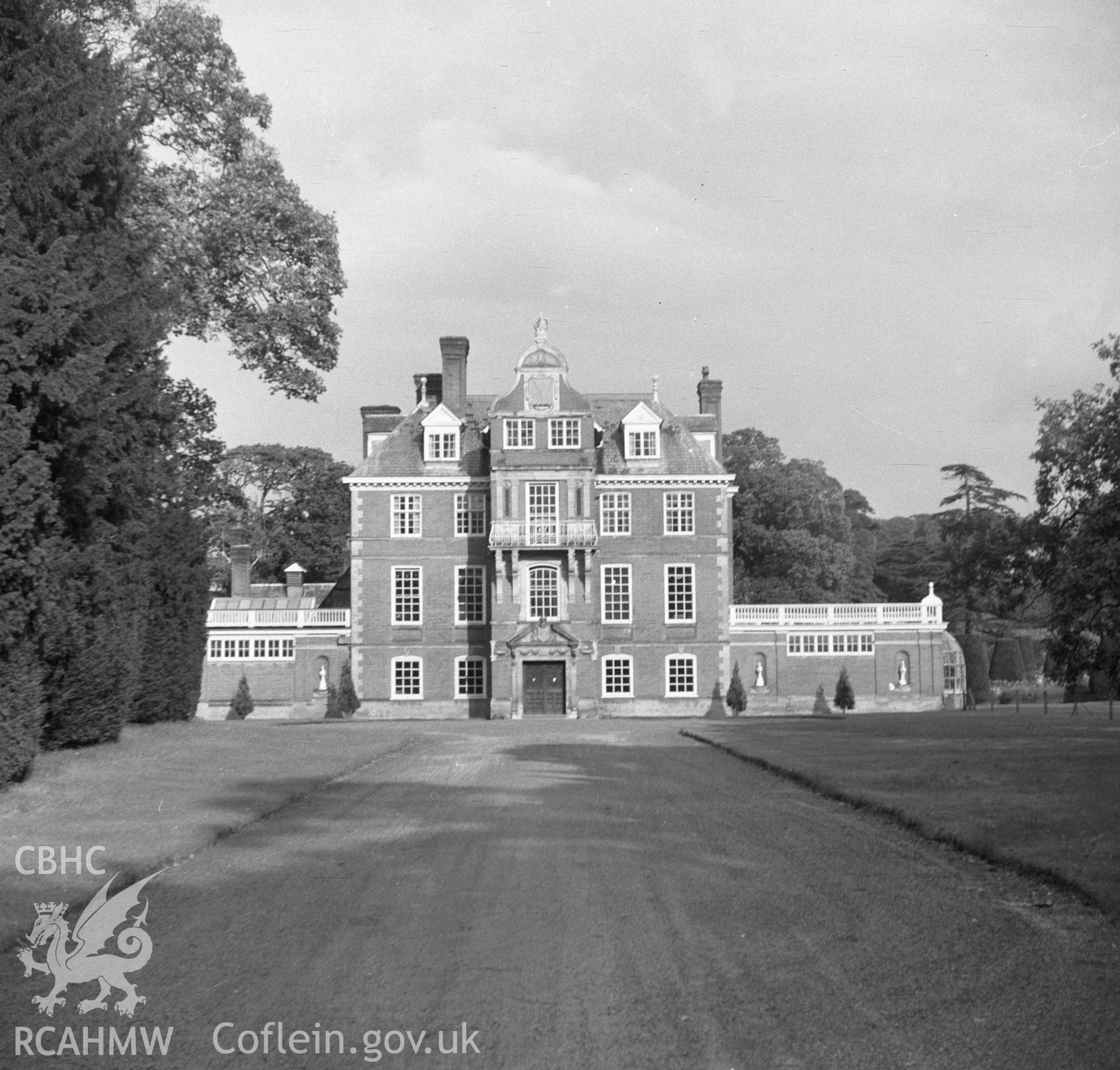 Digital copy of an undated nitrate negative showing view of front elevation and driveway at Bodrhyddan Hall, Rhuddlan, Flintshire.