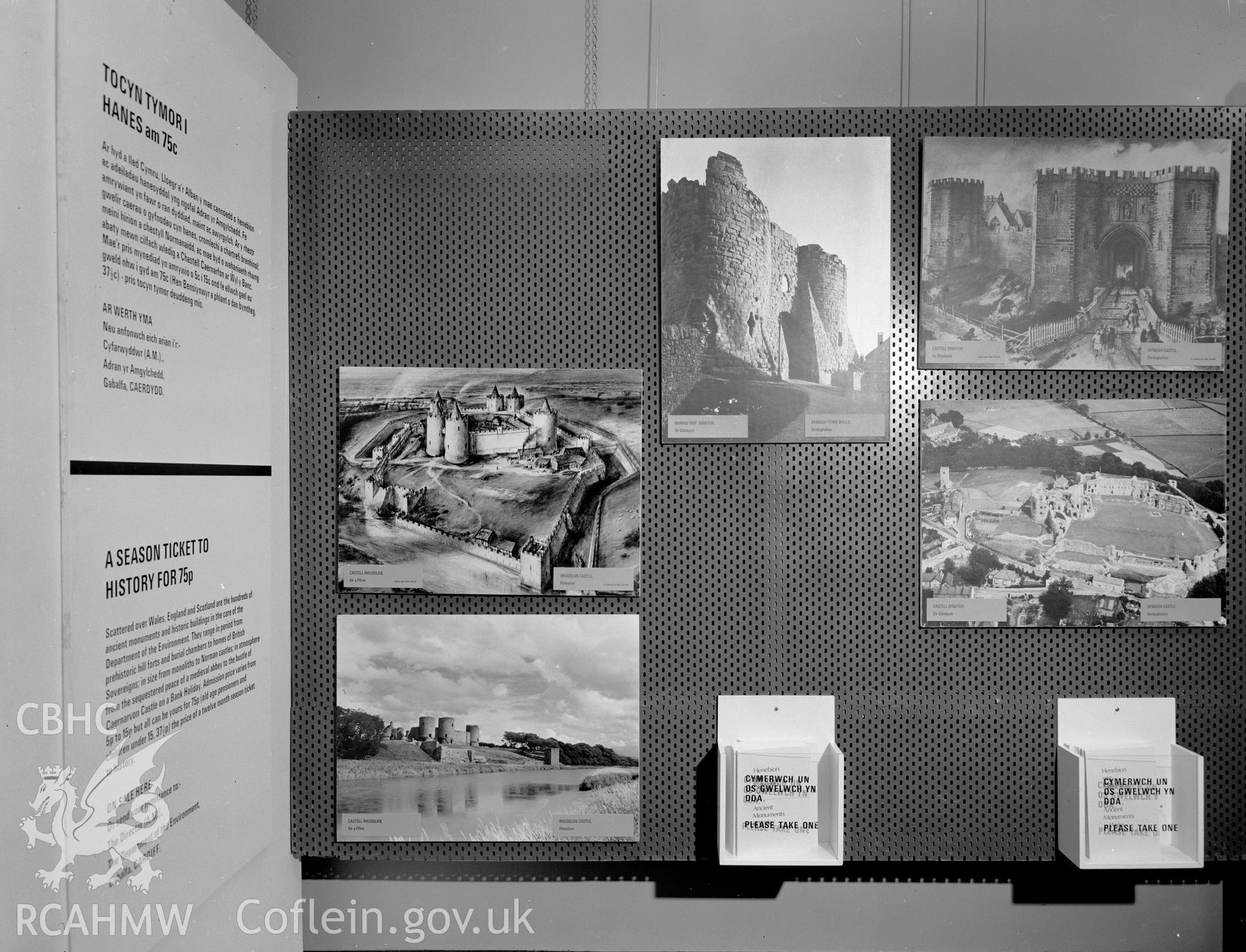 Digital copy of a black and white negative showing Ancient Monuments Exhibition, Welsh Tourer, Vivian Art Gallery, Swansea. From Cadw Monuments in Care Collection.