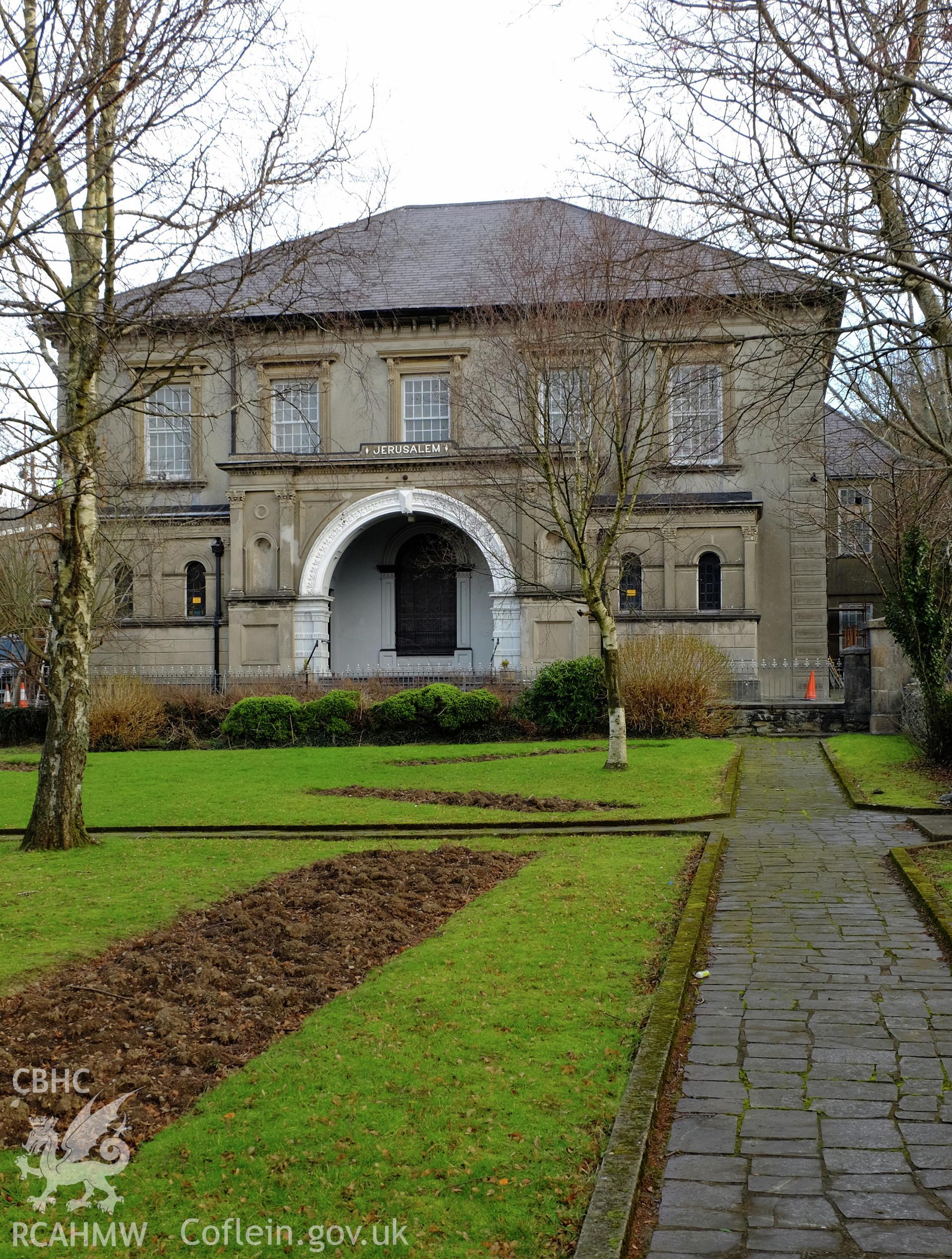 Colour photograph showing view looking north at Jerusalem Chapel, Bethesda, produced by Richard Hayman 16th February 2017