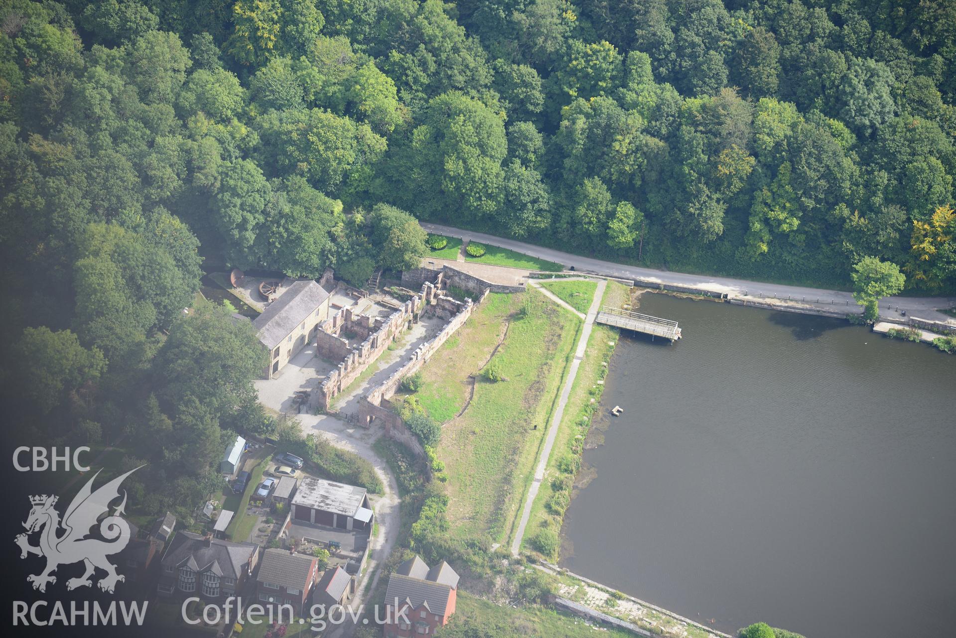 Lower Cotton Mill, Greenfield Valley Heritage Park, Holywell. Oblique aerial photograph taken during the Royal Commission's programme of archaeological aerial reconnaissance by Toby Driver on 11th September 2015.