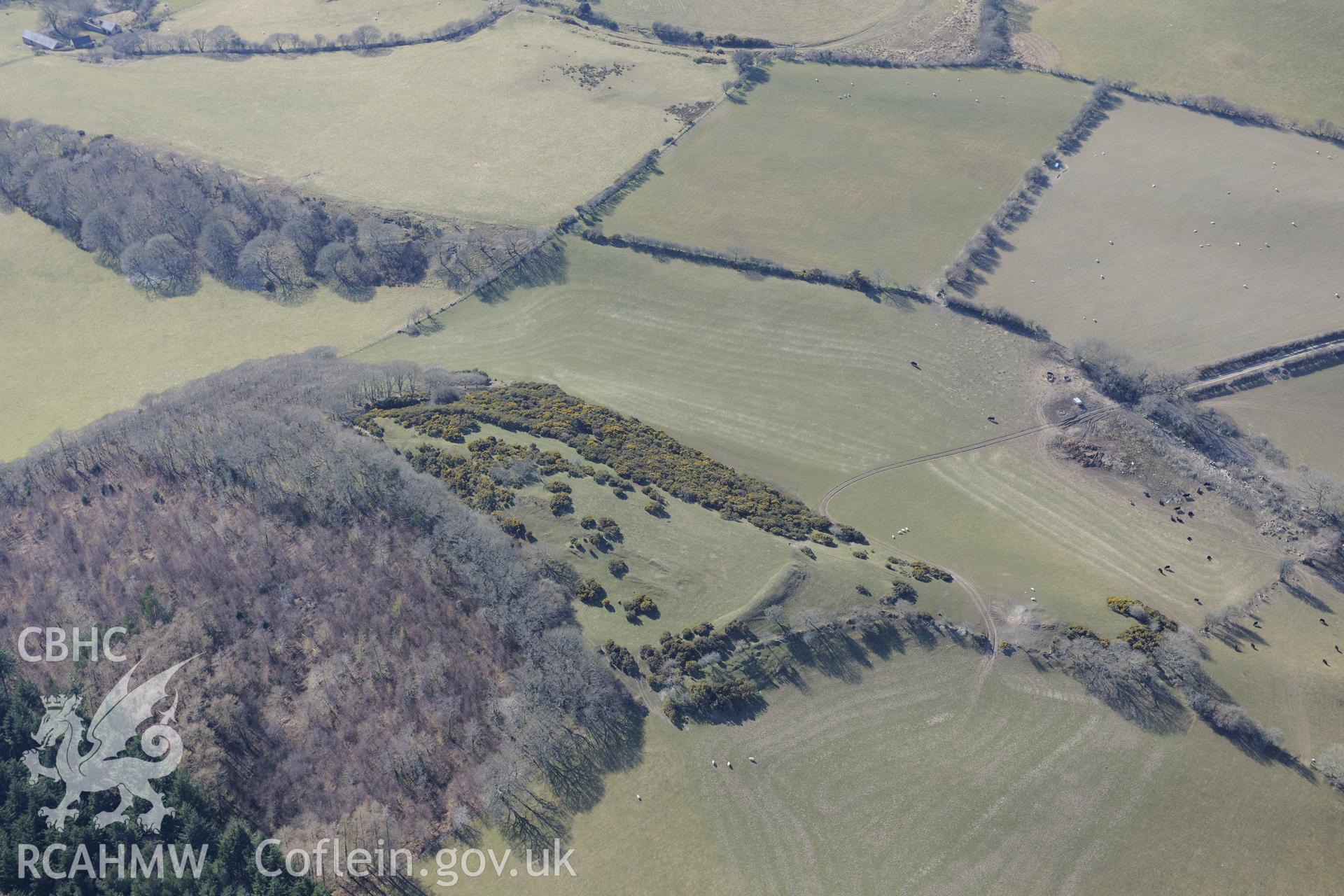 Caer Allt-Goch hillfort, south west of Talybont, Aberystwyth. Oblique aerial photograph taken during the Royal Commission's programme of archaeological aerial reconnaissance by Toby Driver on 2nd April 2013.