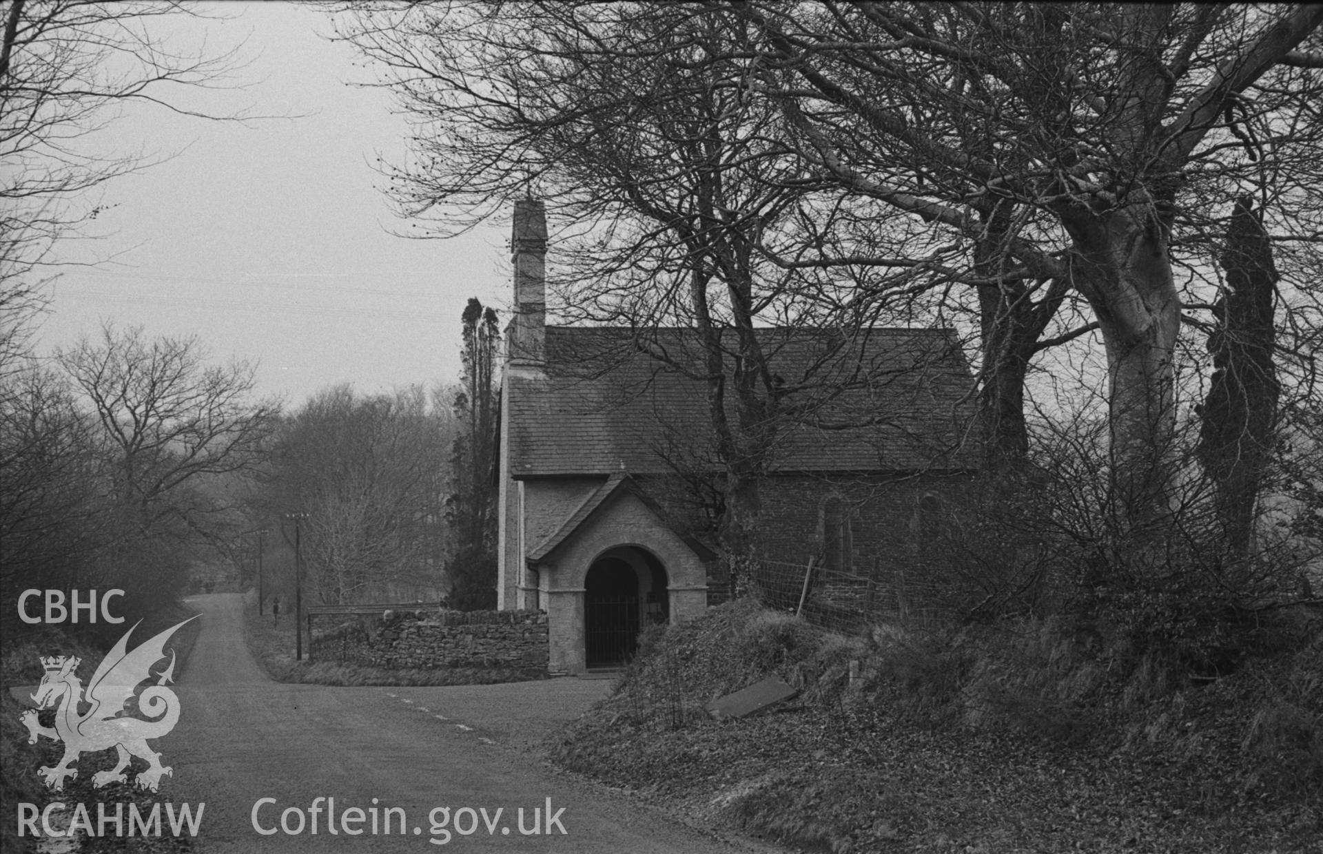 Digital copy of a black and white negative showing exterior view of St Mary's Church, Maestir, Lampter. Photographed in April 1963 by Arthur O. Chater from Grid Reference SN 5538 4927, looking north west.