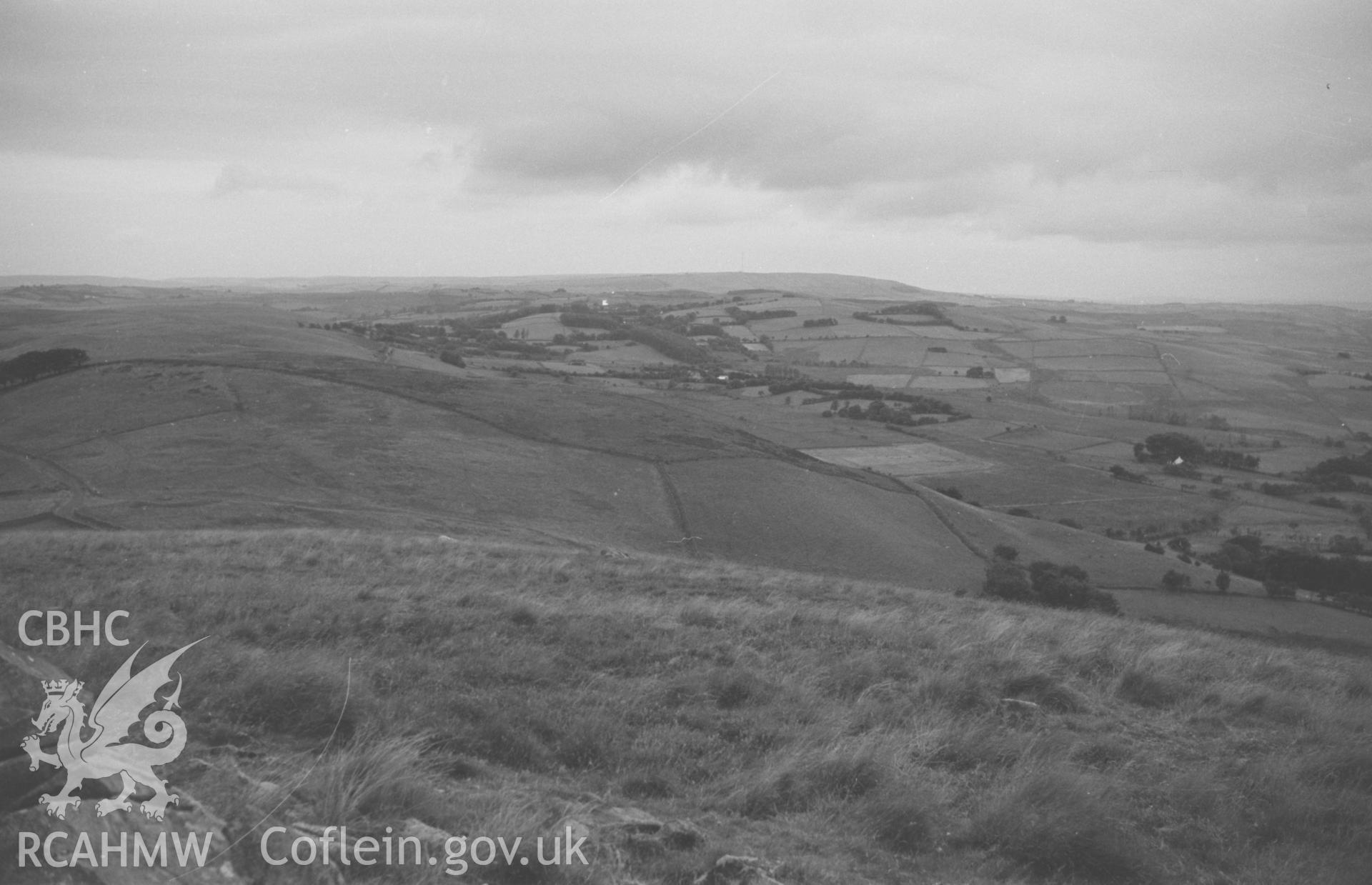 Digital copy of a black and white negative showing view to Hirfaen from Esgair Fraith cairn field, east of Lampeter. Photographed by Arthur O. Chater in August 1965 looking south west from Grid Reference SN 6481 4823.