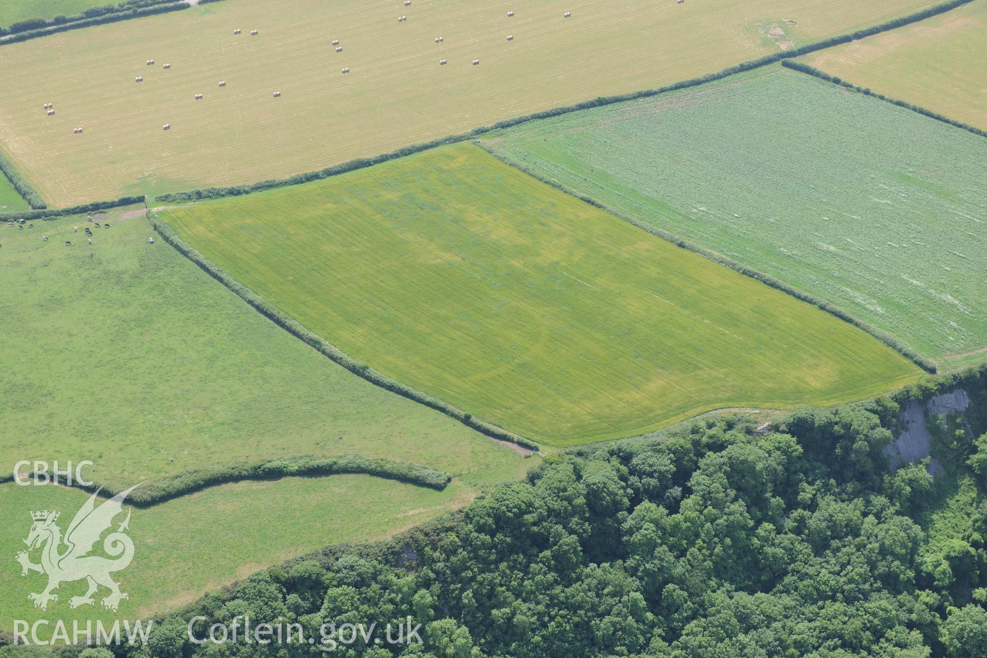 Bovehill Farm defended enclosure and Tor-Gro suggested enclosure, east of Cheriton, on the Gower Peninsula. Oblique aerial photograph taken during the Royal Commission?s programme of archaeological aerial reconnaissance by Toby Driver on 16th July 2013.