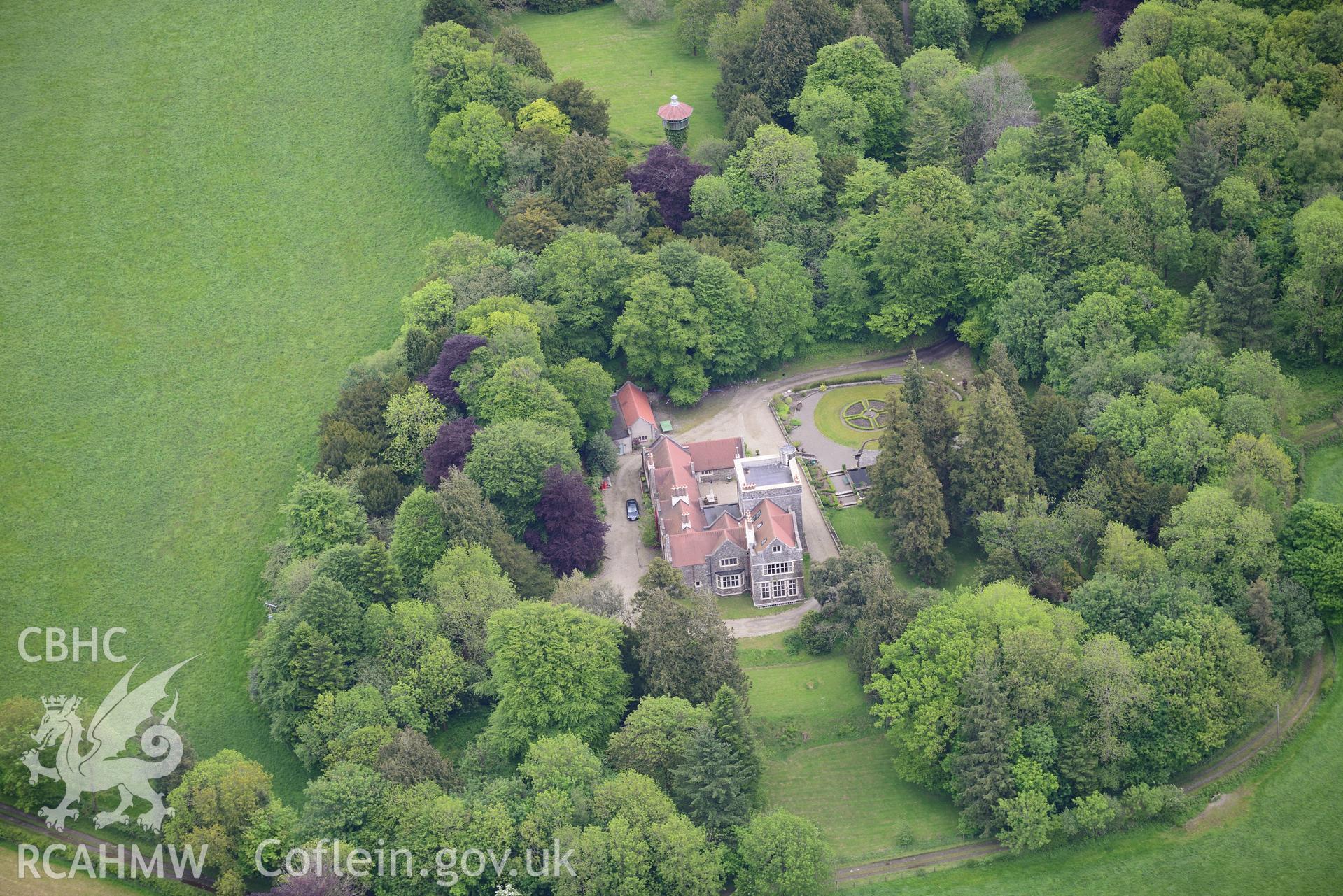 Maes-y-Crugiau Manor and Gardens, Llanllwni. Oblique aerial photograph taken during the Royal Commission's programme of archaeological aerial reconnaissance by Toby Driver on 3rd June 2015.