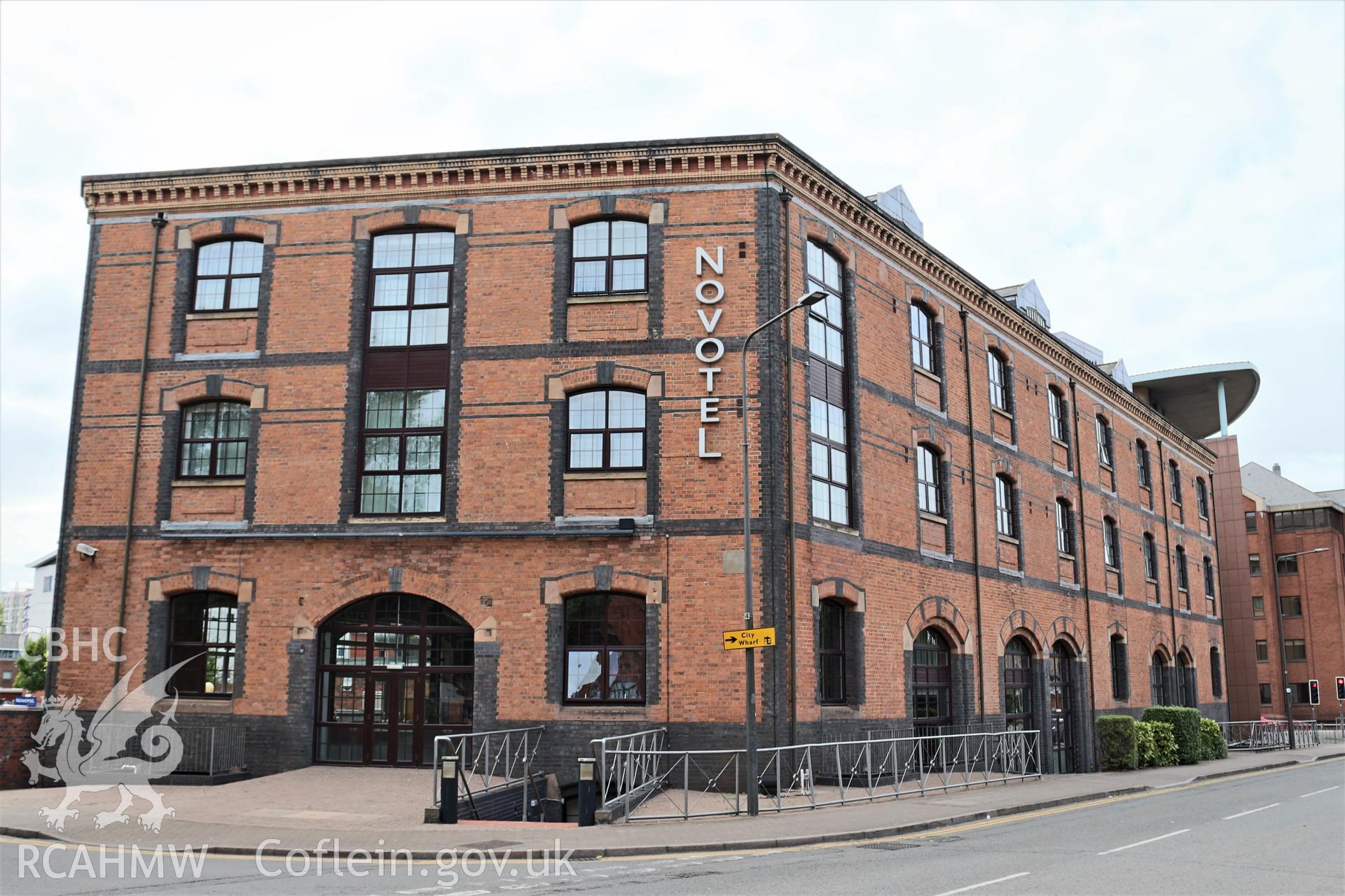 Colour photograph showing exterior of the London and North Western Railway Goods Warehouse on Tyndall Street, Butetown, Cardiff. Photographed during survey conducted by Rita Singer on 17th July 2018.