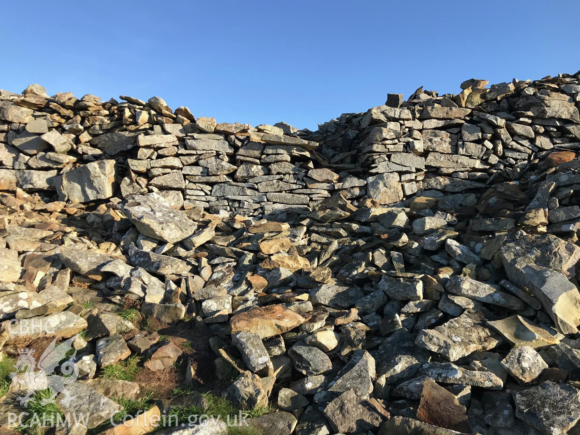 Digital colour photograph showing blocked gate at the summit fort of Garn Boduan hillfort, Buan, near Morfa Nefyn, taken by Paul Davis on 3rd December 2019.