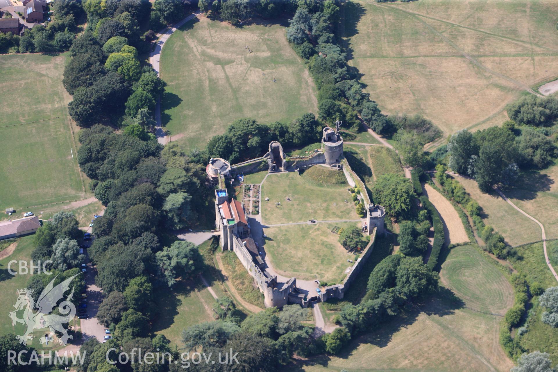 Caldicot Castle, in the town of Caldicot, east of Newport. Oblique aerial photograph taken during the Royal Commission?s programme of archaeological aerial reconnaissance by Toby Driver on 1st August 2013.