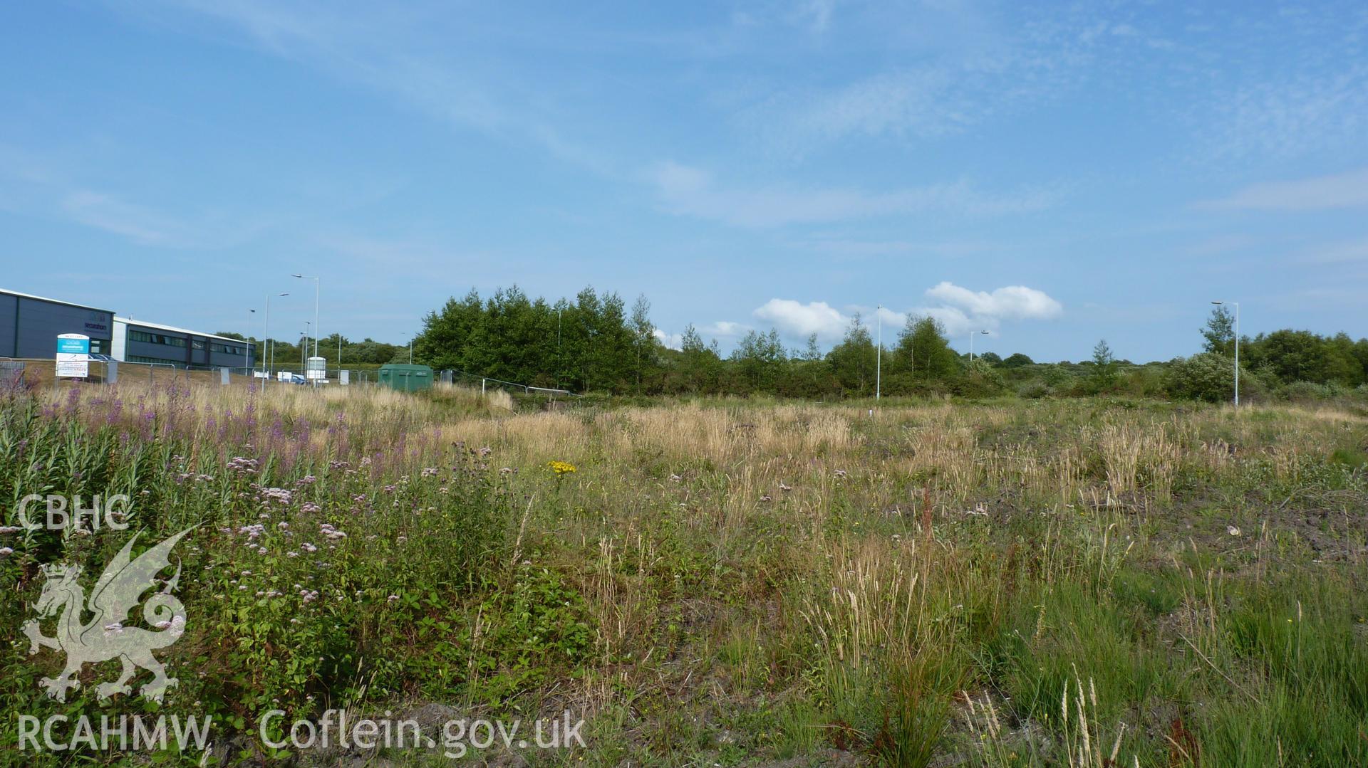 View east across the proposed development area. Garn Goch Commom lies beyond high scrub. Photographed for Setting Impact Assessment of land near Garngoch Business Village, Swansea, by Archaeology Wales, 2018. Project number P2631.