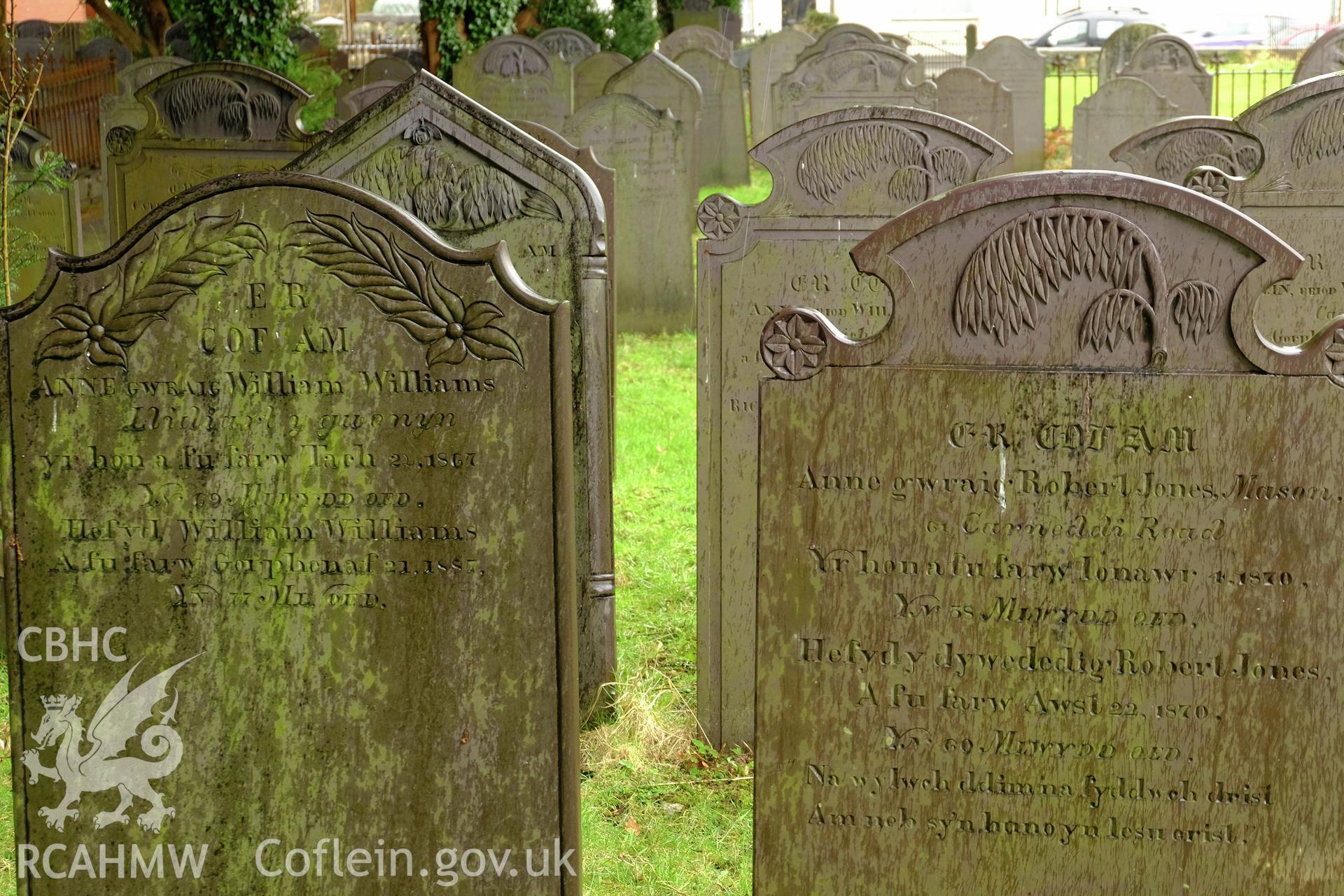 Colour photograph showing grave slabs at Christ Church, Bethesda, produced by Richard Hayman 16th February 2017