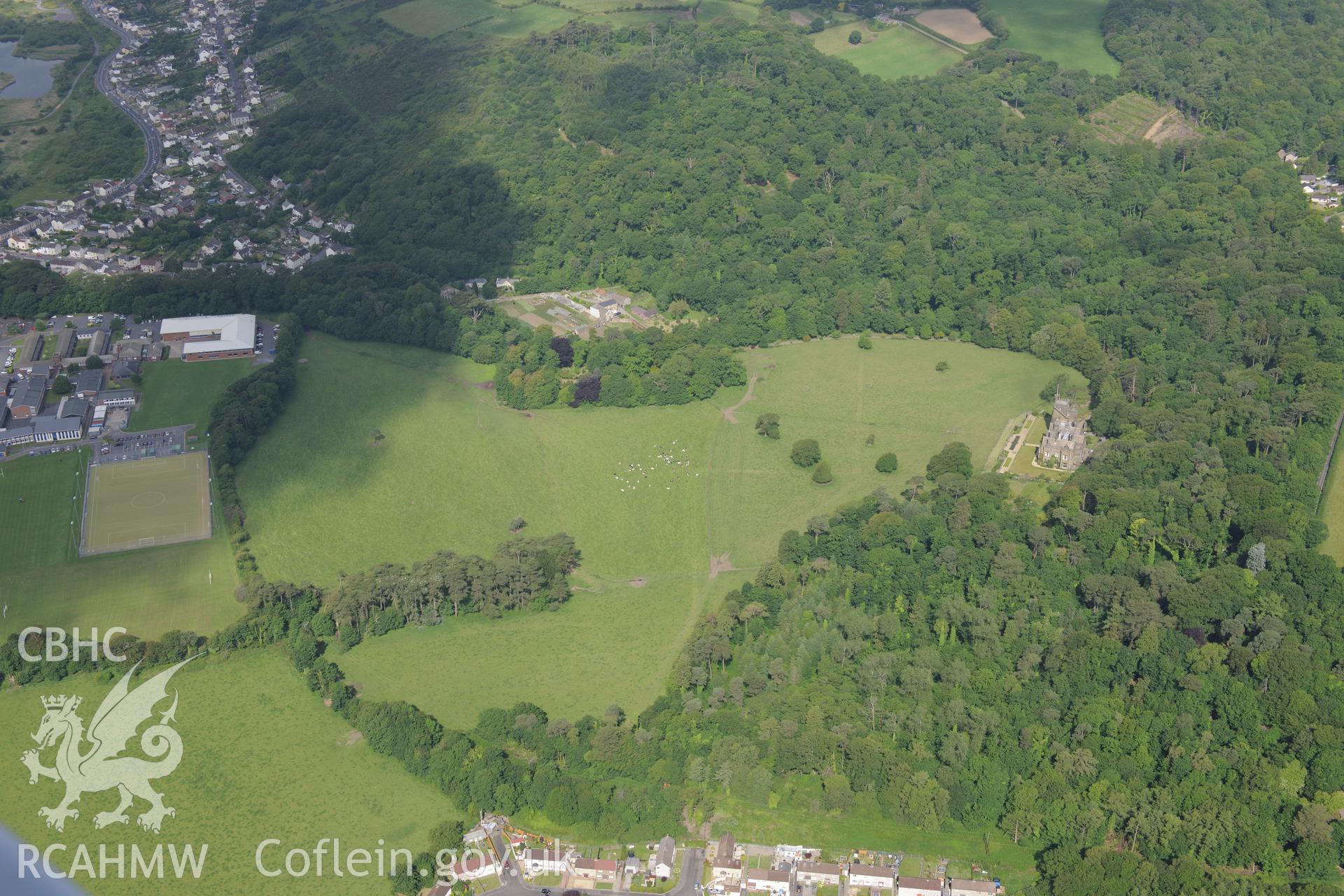 Coleg Sir Gar (Graig Campus), Stradey Castle and it's garden, Llanelli. Oblique aerial photograph taken during the Royal Commission's programme of archaeological aerial reconnaissance by Toby Driver on 19th June 2015.