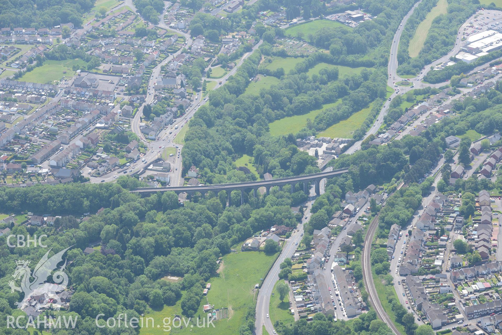 Viaduct between the villages of Maesycwmmer and Hengoed, near Ystrad Mynach. Oblique aerial photograph taken during the Royal Commission's programme of archaeological aerial reconnaissance by Toby Driver on 11th June 2015.