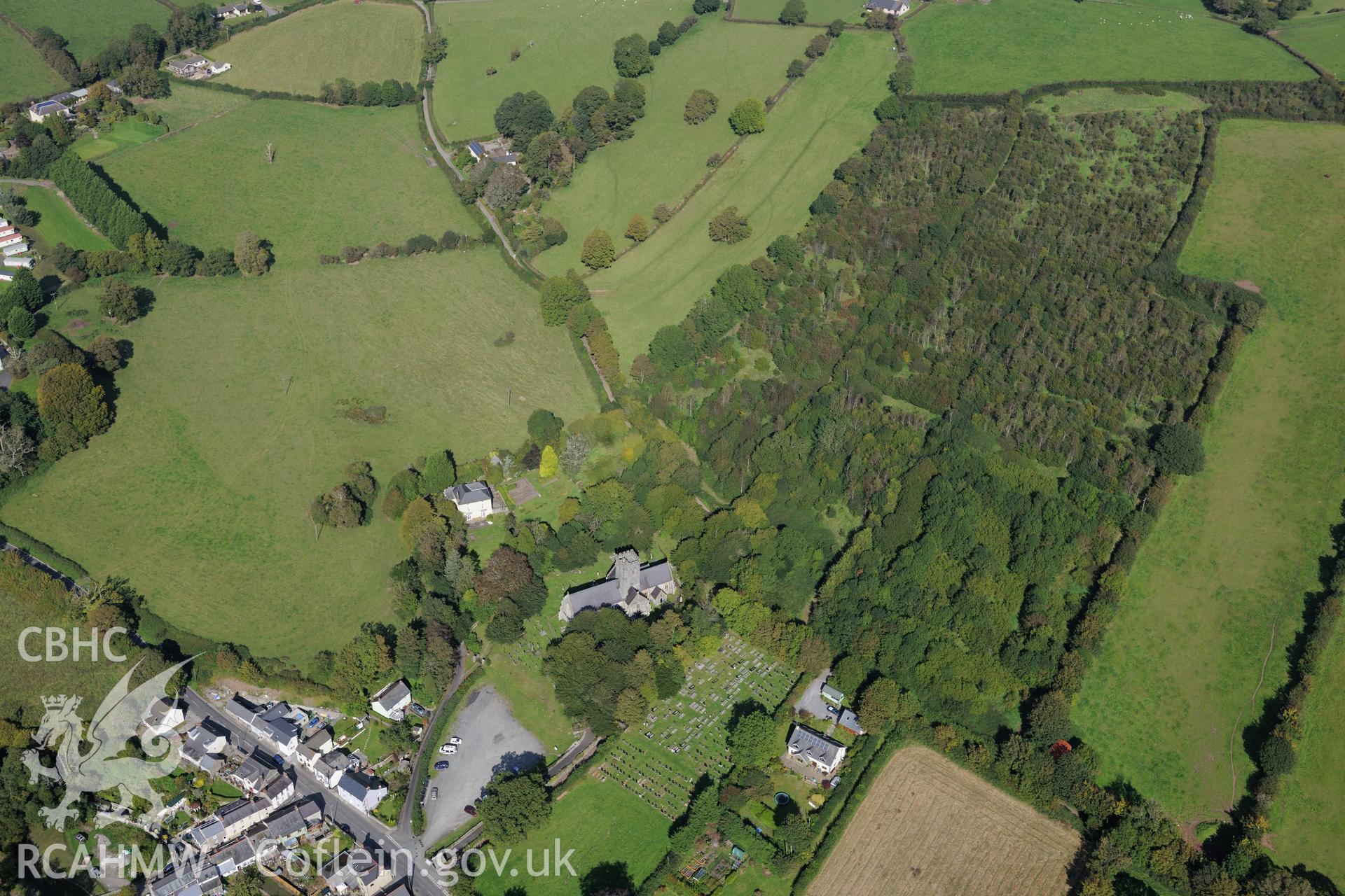 St. Martin's church and churchyard, Laugharne. Oblique aerial photograph taken during the Royal Commission's programme of archaeological aerial reconnaissance by Toby Driver on 30th September 2015.