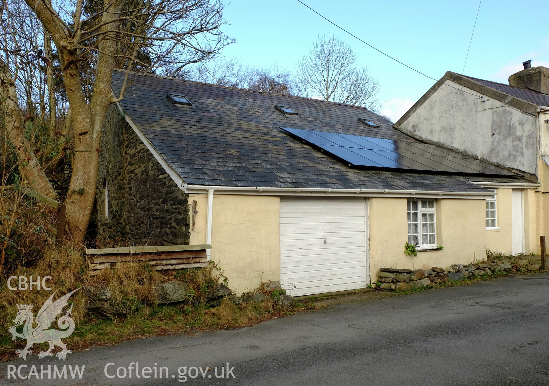 Colour photograph showing view looking north east at mill building beside Tai Nantlle, Nantlle, produced by Richard Hayman 9th February 2017