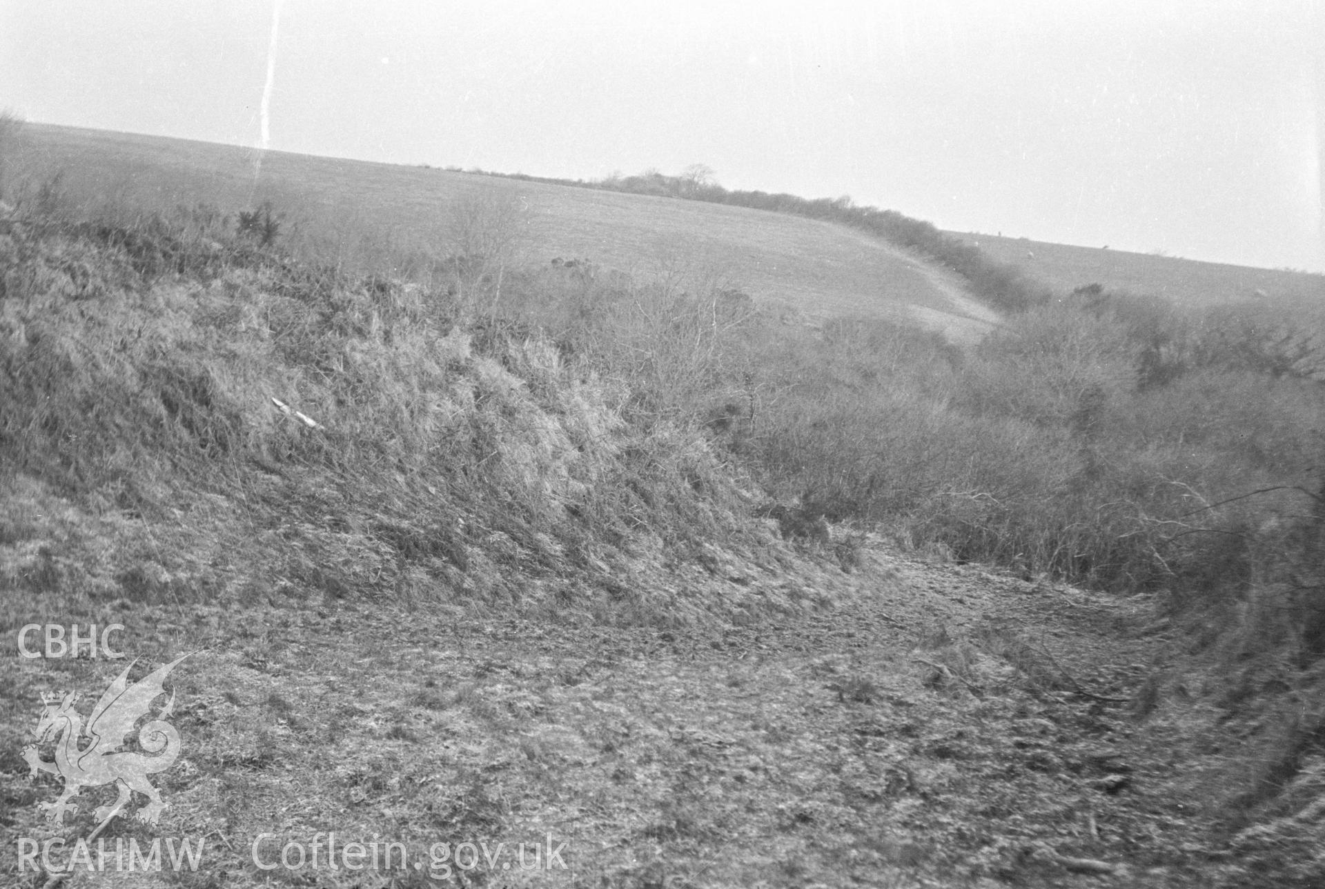 Digital copy of a nitrate negative showing Blaengwaith-Noah camp, Lampeter Velfrey. From the Cadw Monuments in Care Collection.