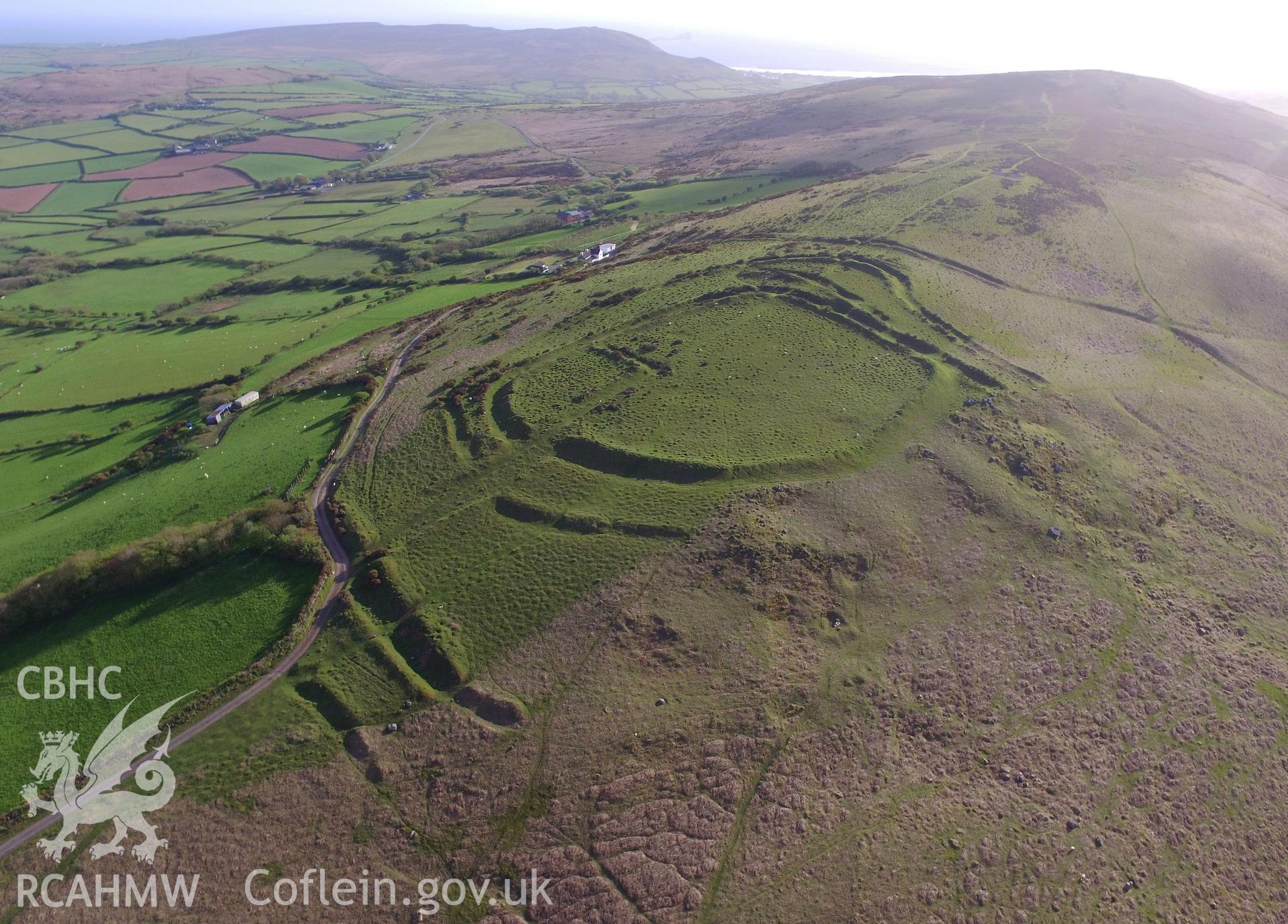 Colour photo showing aerial view of the Bulwark on Llanmadoc Hill, Llangennith, taken by Paul R. Davis, 10th May 2018.