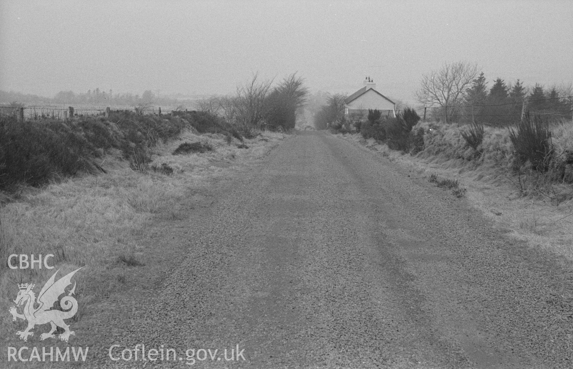 Digital copy of a black and white negative showing Sarn Helen Roman road near Llanfair Clydogau. Photographed in April 1963 by Arthur O. Chater at the point where the Roman road reaches 1050ft from Grid Reference SN 639 495, looking north north west.