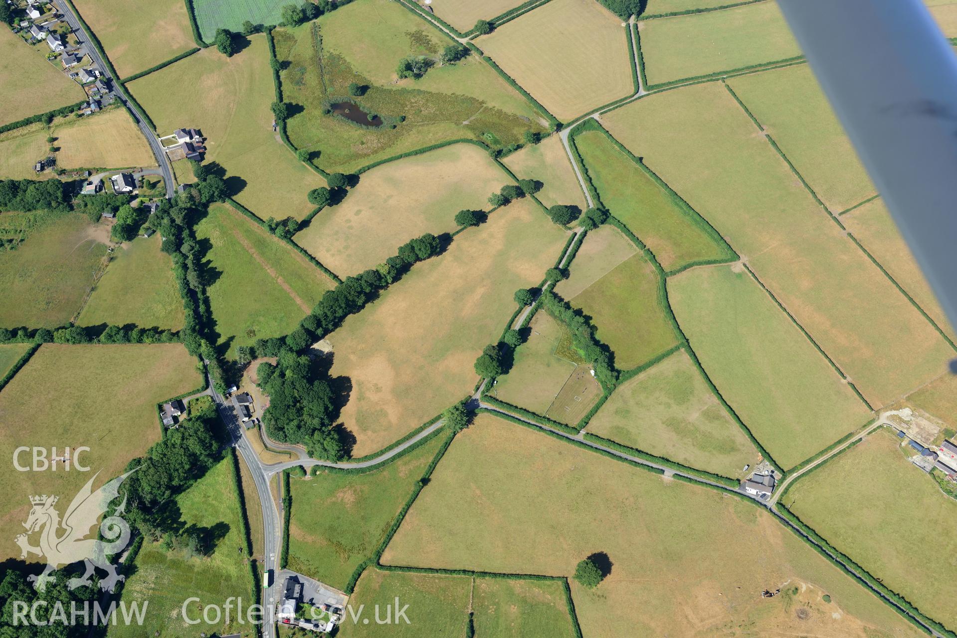 Royal Commission aerial photography of Roman road parchmarks at Aber-Giar or Ffynnon-drain taken on 19th July 2018 during the 2018 drought.